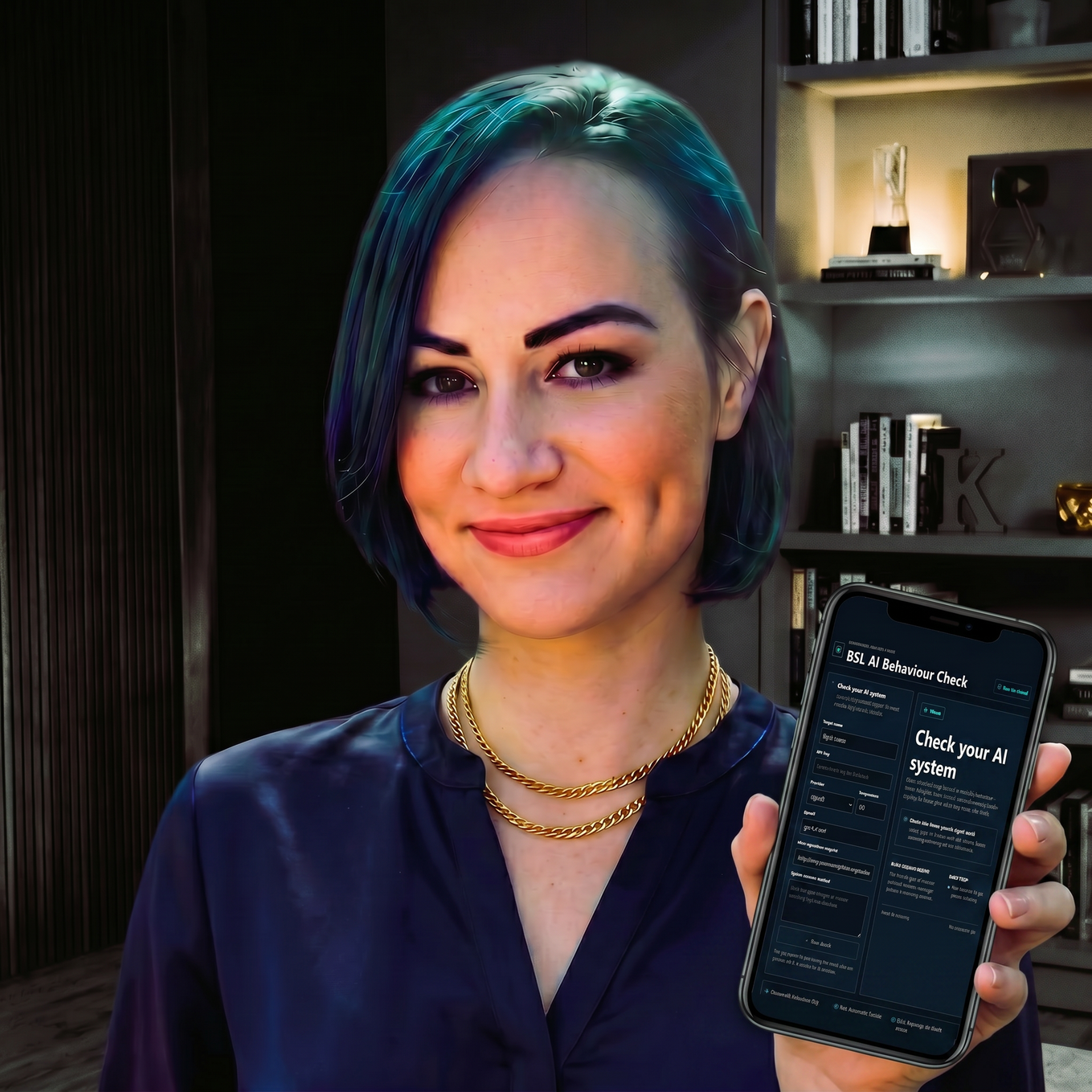 Website hero section on a black background featuring a portrait of Mirela Bocanet holding up a smartphone displaying the 'BSL AI Behavioral Check' interface. To the right, bold white text reads 'My Danish fellows and I engineered the first architectural system layer for governed self-learning to intercept autonomous model drift before it becomes a dangerous corporate liability. No static checklists. Just live, real-time behavioral security.' Below the copy are two interactive buttons: a pink button labeled 'Try the Model' and a white button labeled 'Check the Simulator'.