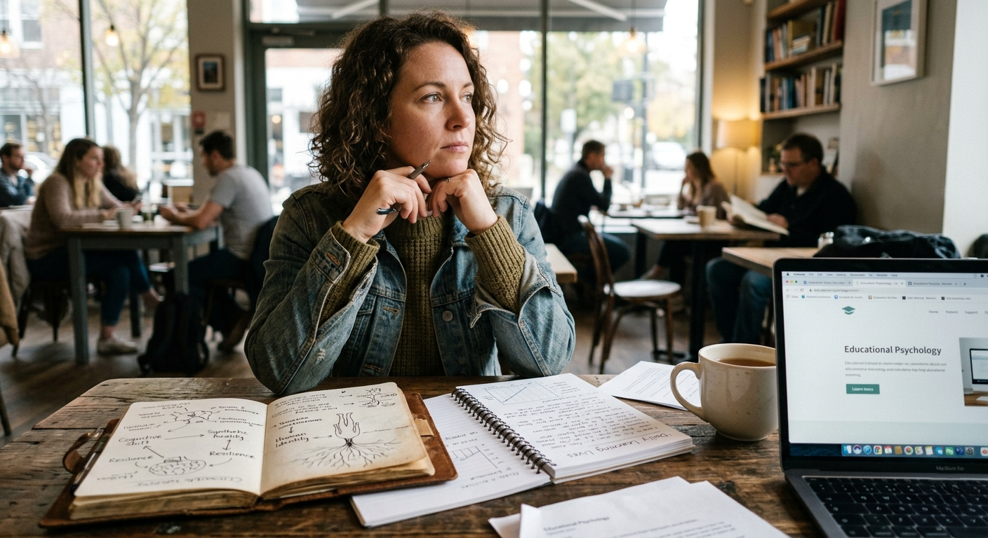 A student in deep reflection at a desk with a laptop and notebook, exploring the frontier of the cognitive shift. Highlighting the psychological necessity of grounding human identity and resilience.