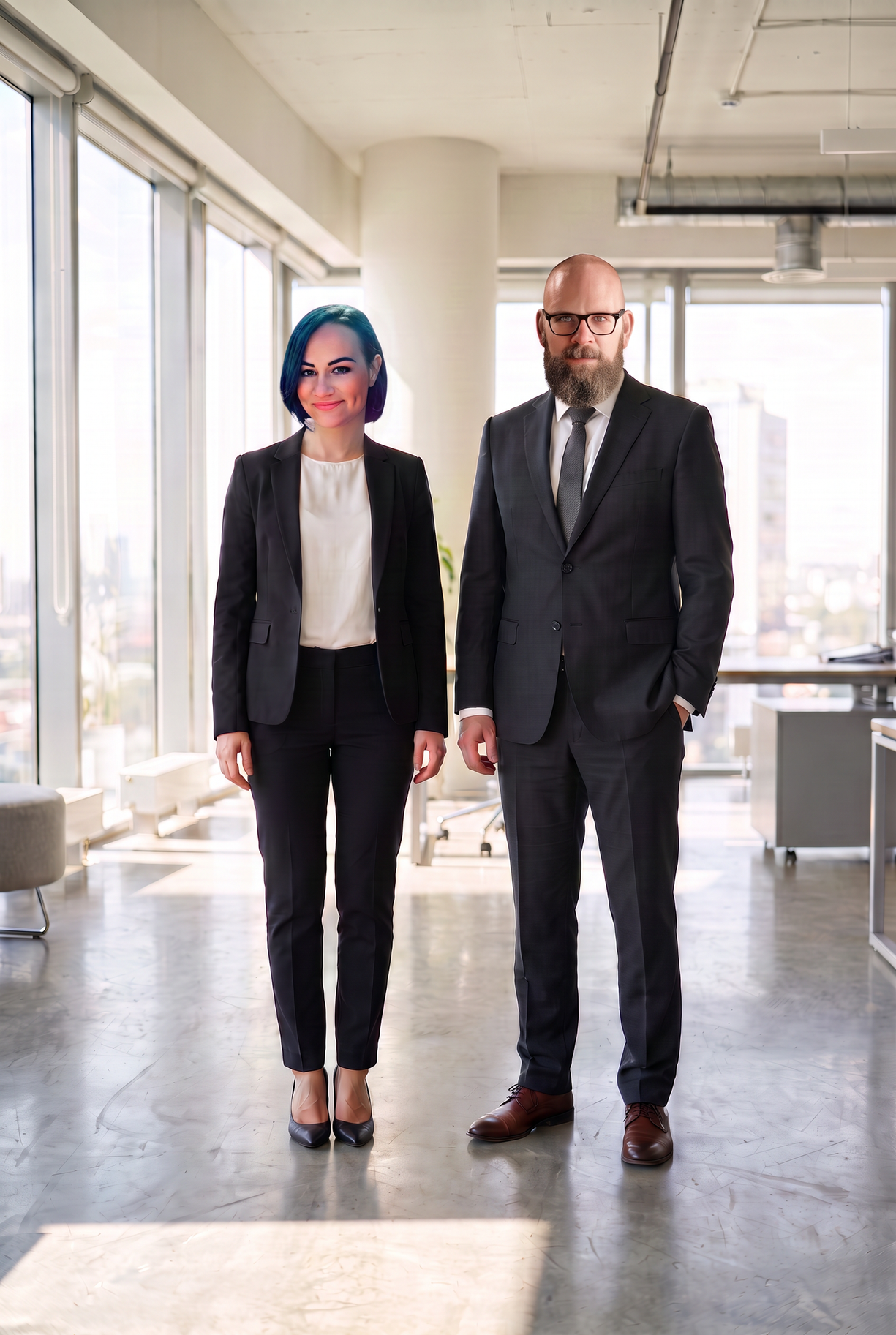 Mirela Bocanet and Mark Sinclair Fleeton standing side-by-side in professional business attire against a matrix-style digital background coding overlay. This visual represents their cross-platform masterclass collaboration with AI Portalen in Denmark, translating complex AI ethics, data privacy, and systemic automation risks into actionable executive strategies.