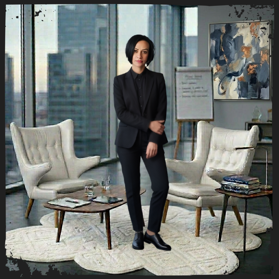 Mirela Bocanet in a professional office setting, offering high-impact consultations on Cognitive Sovereignty and Ethical Empowerment in the age of AI.