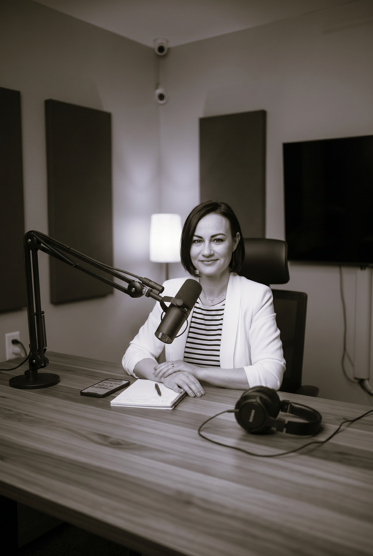 Black and white photograph of Mirela Bocanet in a professional recording studio setting with a broadcast microphone, acting as the podcast host for Rewire to Rise in Denmark. This high-trust global thought-leadership platform explores identity alignment, cognitive clarity, and neuroscience-backed frameworks for elite founders and radical thinkers.