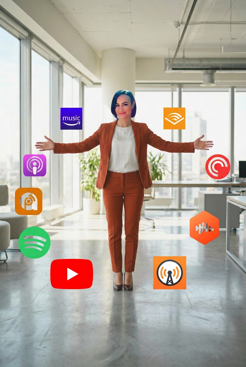 Full-length portrait of strategist Mirela Bocanet standing with arms open, surrounded by a ring of digital icons for major streaming platforms including YouTube, Spotify, and Apple Podcasts. This image highlights the Rewire to Rise live panels in Europe, focusing on digital future literacy, structural algorithmic shifts, and technological systemic threats.