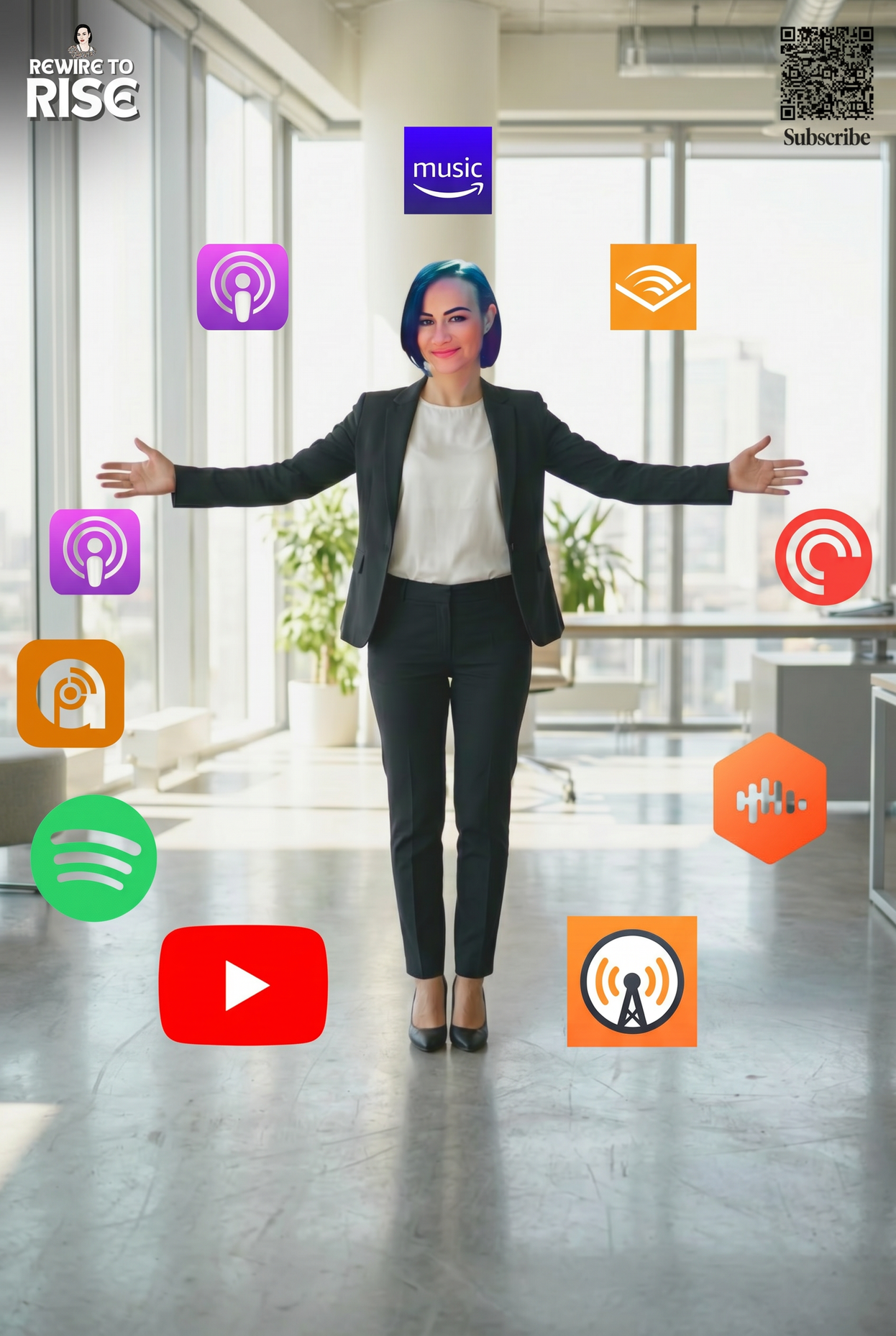 Full-length portrait of strategist Mirela Bocanet standing with arms open, surrounded by a ring of digital icons for major streaming platforms including YouTube, Spotify, and Apple Podcasts. This image highlights the Rewire to Rise live panels in Europe, focusing on digital future literacy, structural algorithmic shifts, and technological systemic threats.