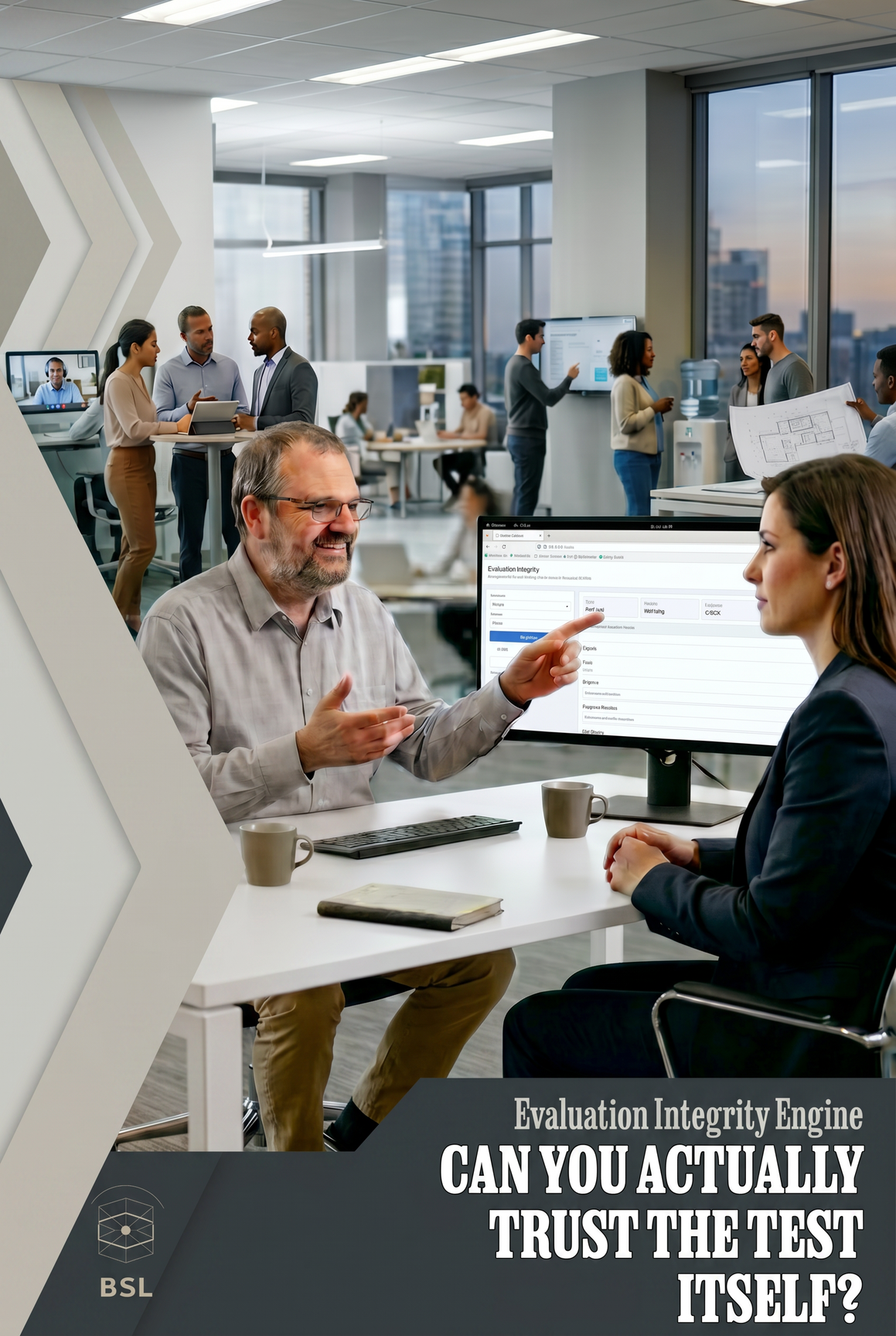 A professional corporate team in a high-tech office evaluating data models on a monitor, featuring the BSL ApS branding and the text 