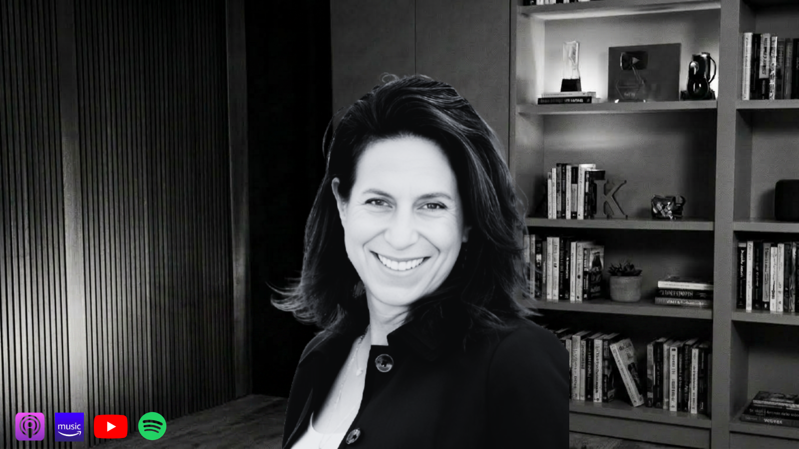 Podcast episode block titled 'Understanding Human BEHAVIOR: How to Read Body Language & Leadership Signals | Judy Sandweiss.' Features a black and white studio portrait of executive coach Judy Sandweiss next to promotional copy on non-verbal cues and positive intelligence, with platform links below.