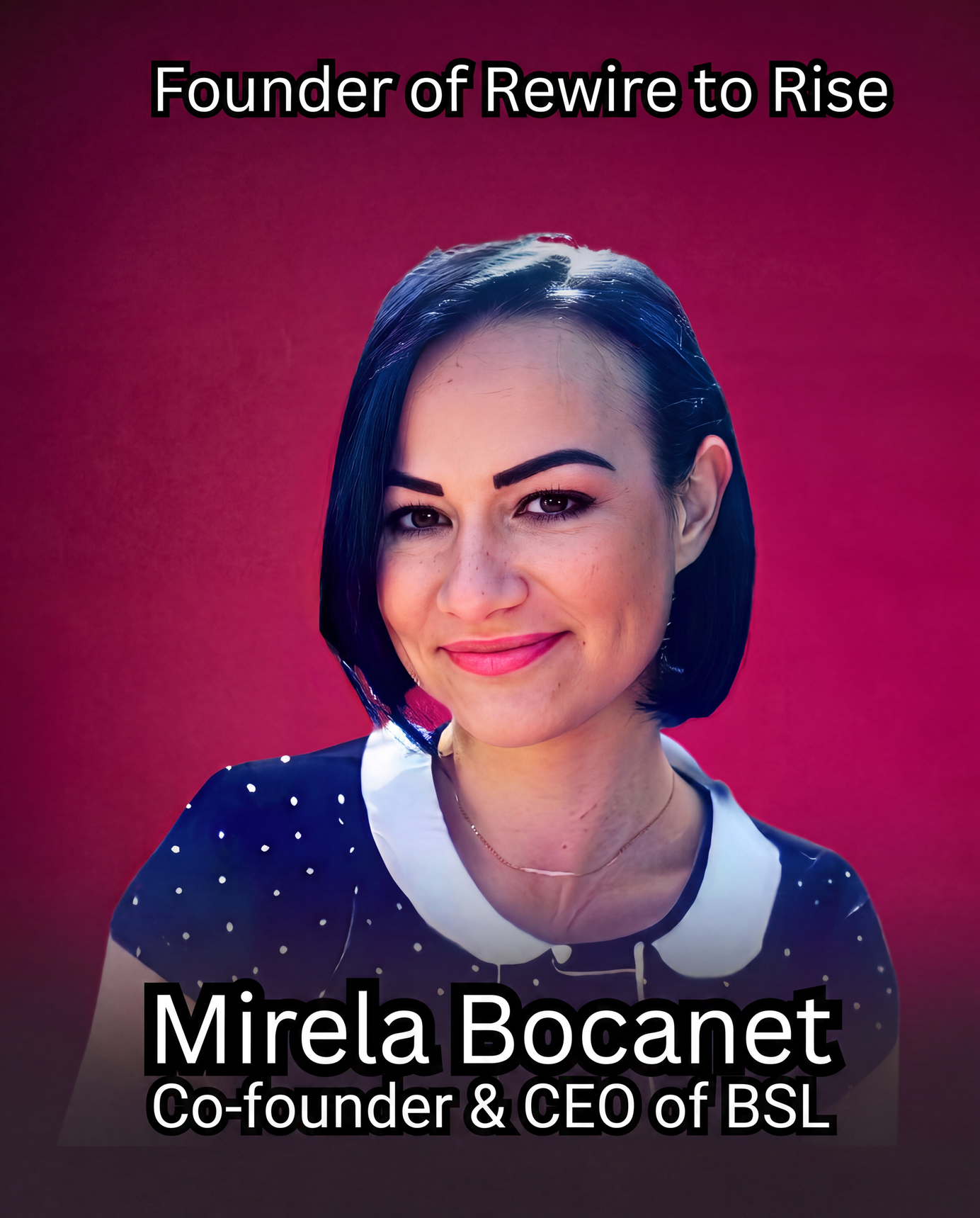 Professional bio section titled 'Cross-Industry Expertise' detailing Mirela Bocanet's multi-dimensional background. The layout features a color portrait labeled 'Founder of Rewire to Rise' and 'Co-founder & CEO of BSL' next to text highlighting her experience in service, design, and executive coaching.