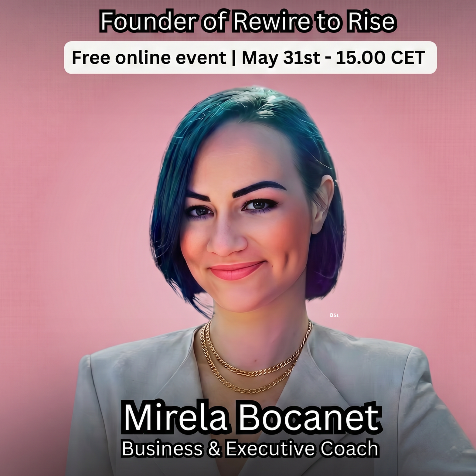 Mirela Bocanet, Founder of Rewire to Rise, in a professional setting. High-impact expert in Brand Strategy and Cognitive Coaching for the AI era.