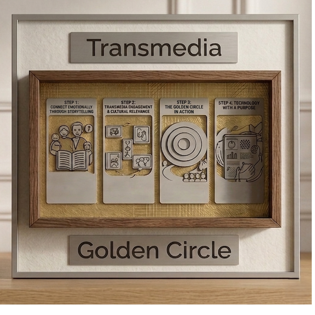 Transmedia and Golden Circle framework for responsible AI creation: A 4-step process integrating ethical application of synthetic technology with human identity and purpose.
