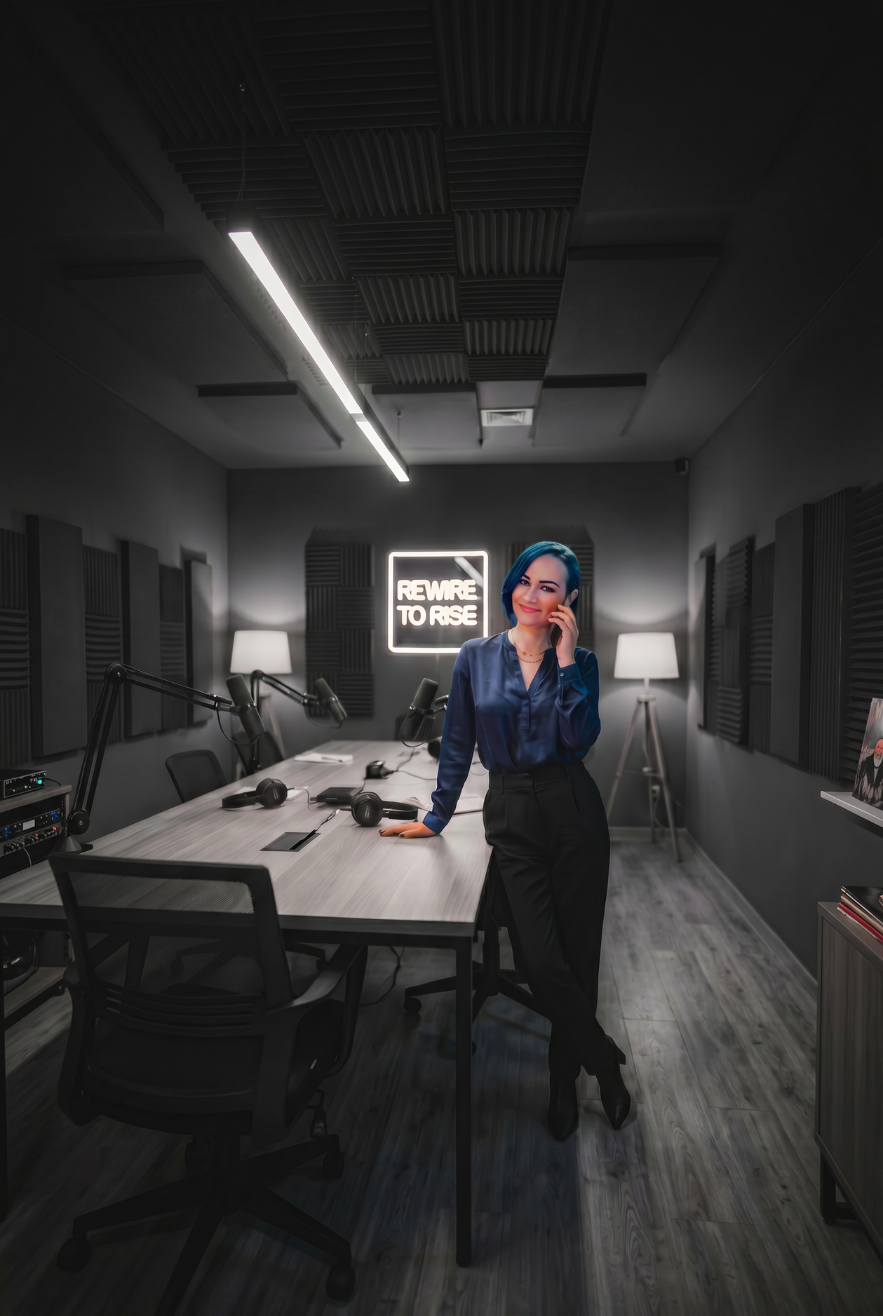 Mirela Bocanet standing confidently in a sleek, modern podcast recording studio equipped with an executive conference table and broadcast microphones under professional lighting, featuring a glowing 