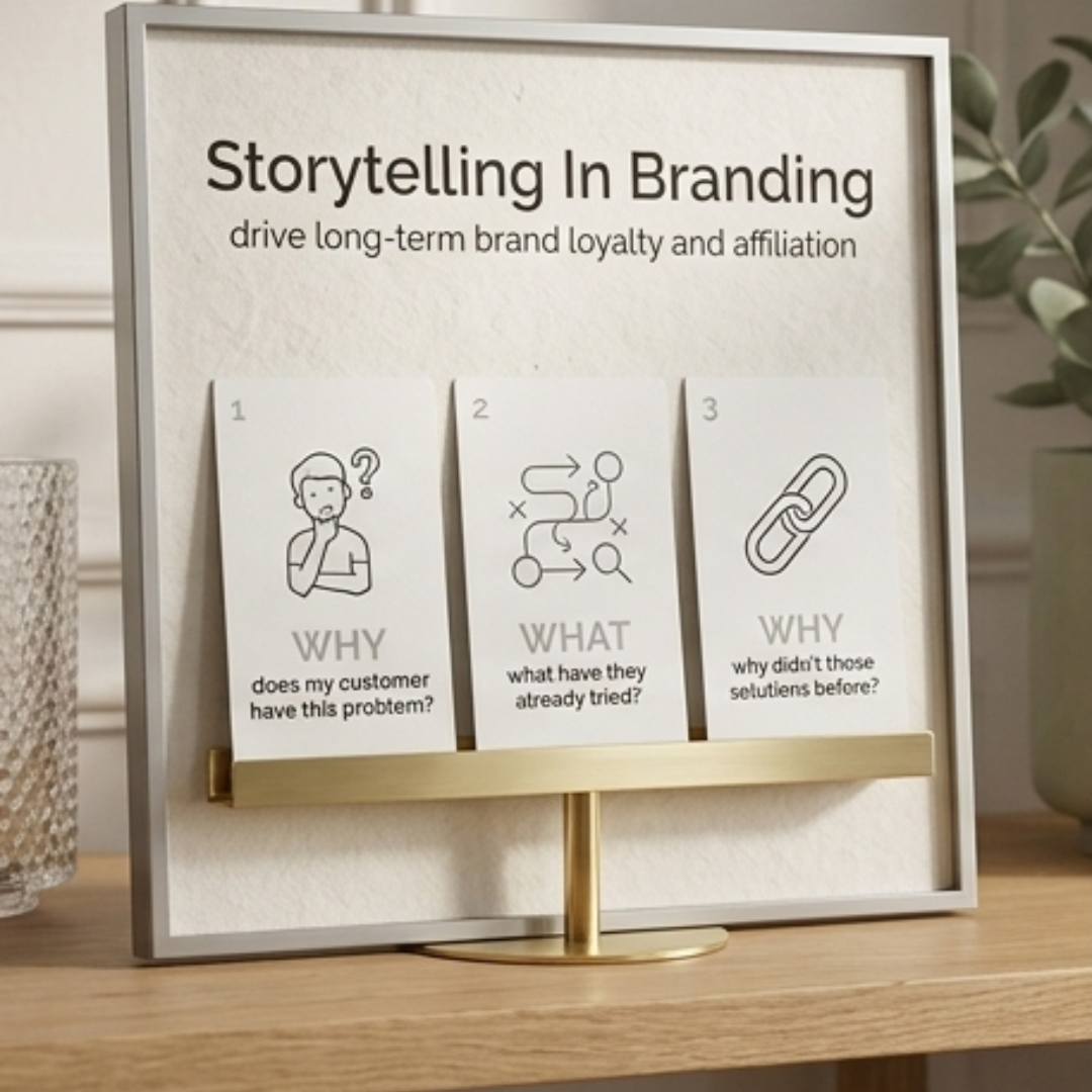 Storytelling in Branding framework: Three steps for driving long-term brand loyalty and affiliation by identifying customer problems and practical solutions in the age of AI.