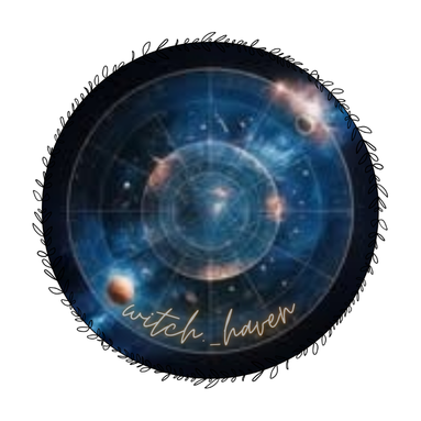Rundes Witchhaven Logo mit einer kunstvollen Darstellung des Sternenhimmels, Planetenkonstellationen und dem Markenschriftzug in goldener Schreibschrift.