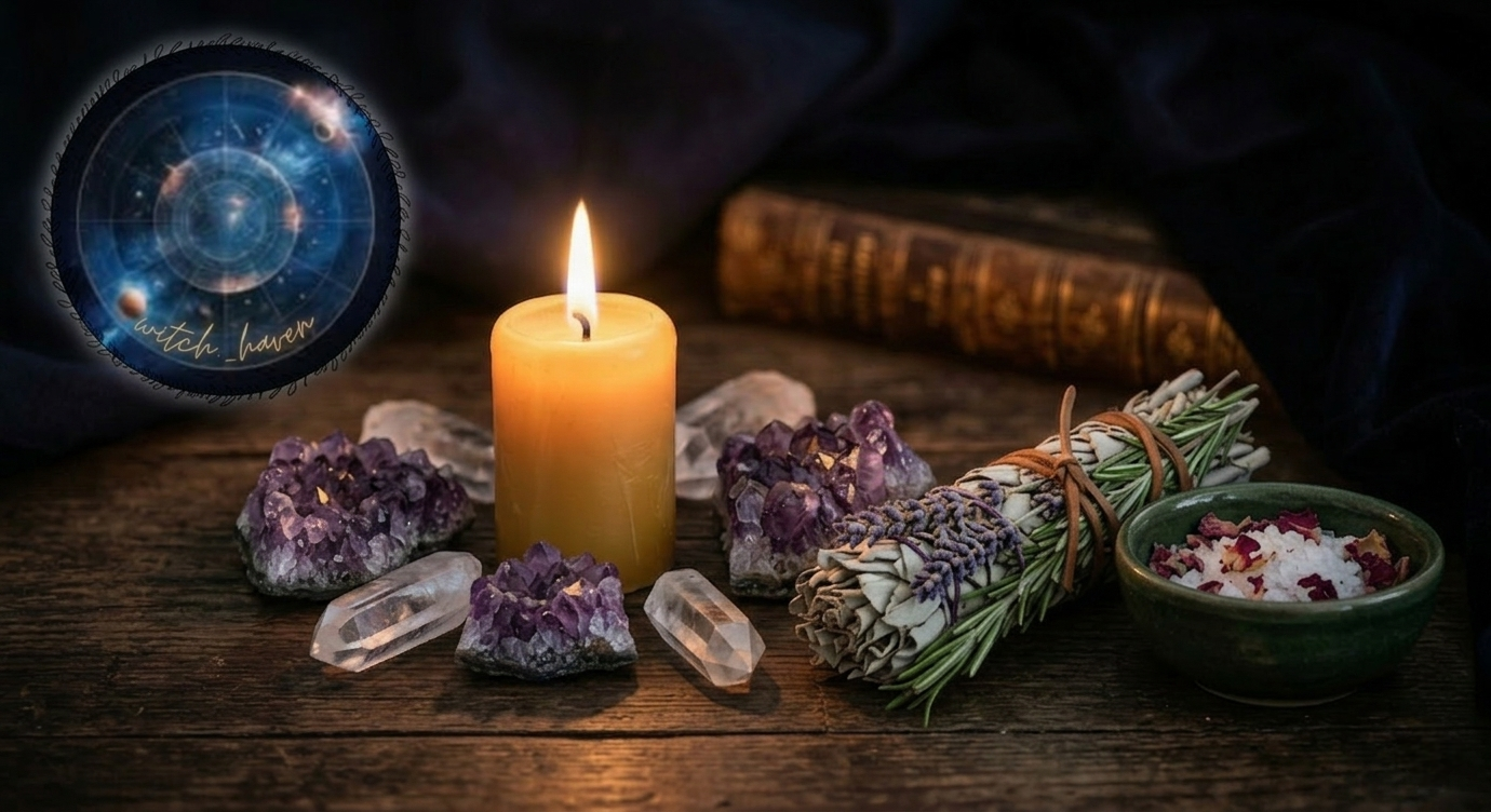 Ein stimmungsvolles spirituelles Stillleben mit einer brennenden Bienenwachskerze, funkelnden Amethyst-Kristallen, einem Kräuter-Räucherbündel und dem Witchhaven-Logo vor einem dunklen Hintergrund.