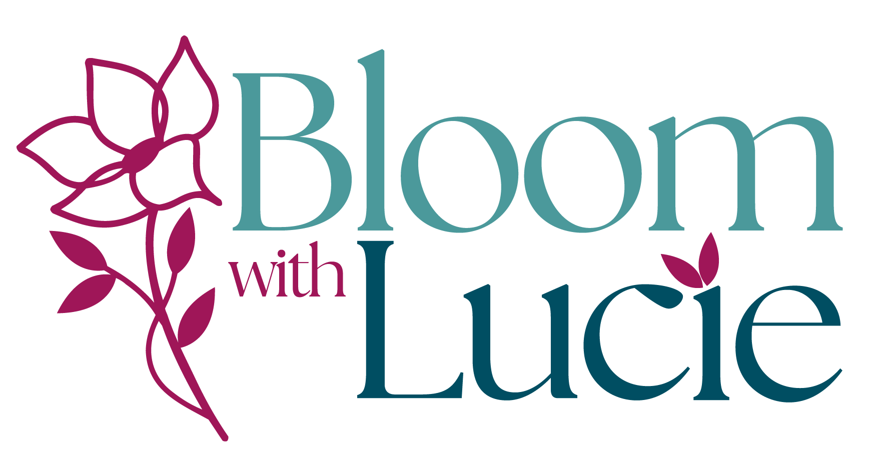 Bloom with Lucie logo in plum and teal with a Hawthorn flower to the left hand side