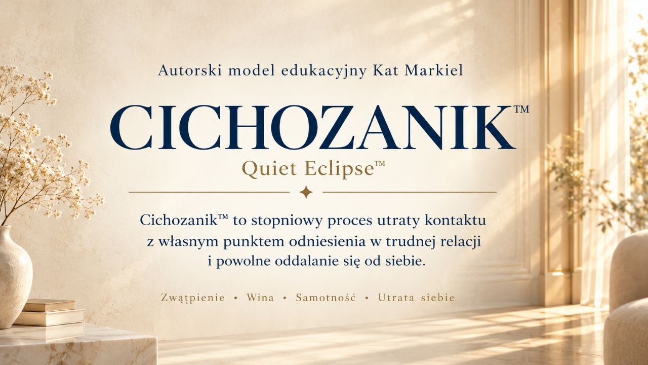 Grafika hero strony Cichozanik™ (ang. Quiet Eclipse™). Autorski model edukacyjny Kat Markiel opisujący proces stopniowego oddalania się od własnego punktu odniesienia w trudnej relacji. Jasna, elegancka oprawa w ciepłych beżach i złamanej bieli.