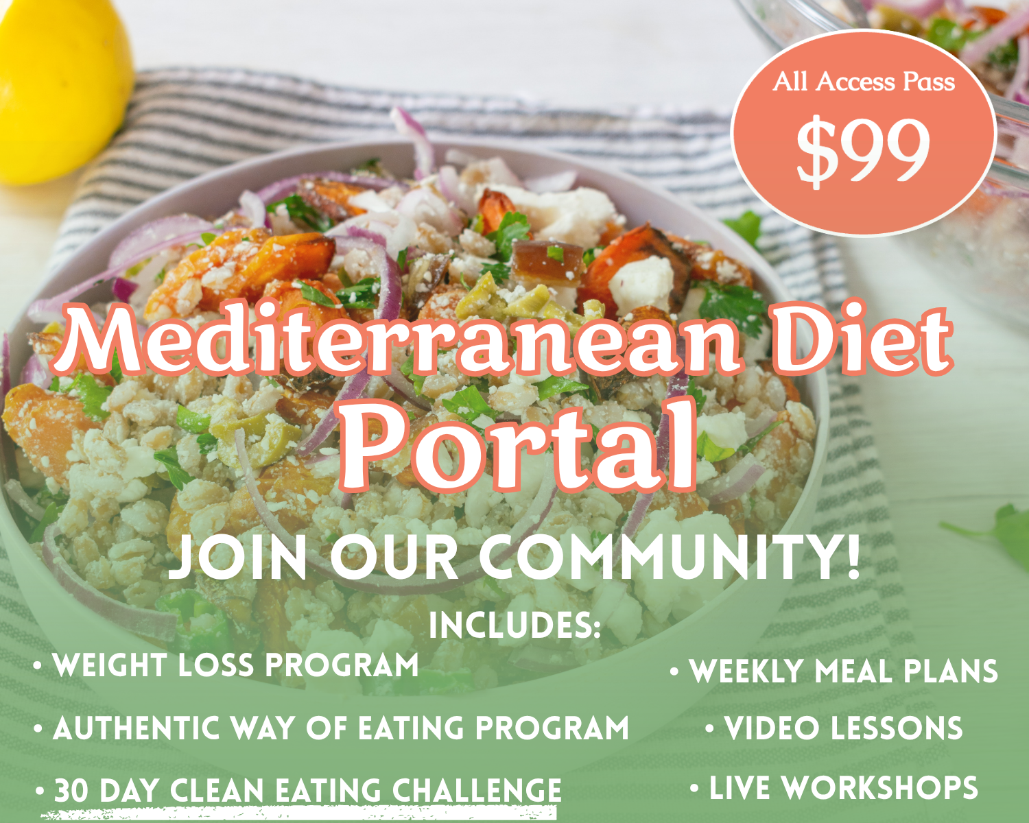 Mediterranean Diet Foods on plates showcasing the member portal