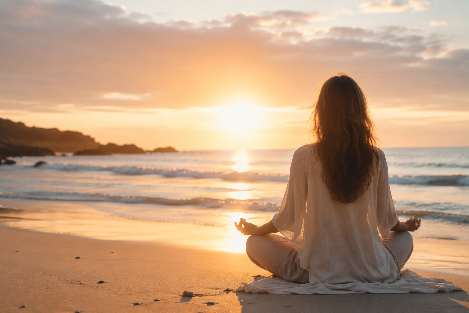 Meditierende Frau am Meer bei Sonnenaufgang – Symbol für innere Ruhe, Selbstfindung und Entspannung | SeelenAnker-Coaching