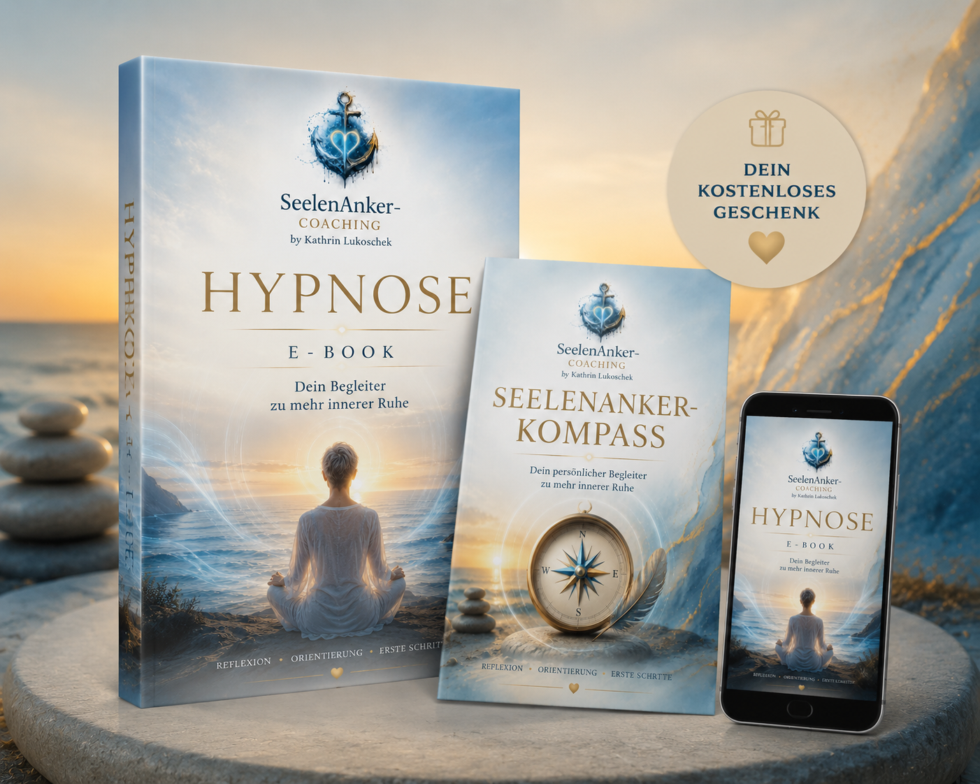 Kostenloses Premium-Paket von SeelenAnker-Coaching mit Hypnose-E-Book, SeelenAnker-Kompass und Smartphone-Version für mehr innere Ruhe, Klarheit und Orientierung.