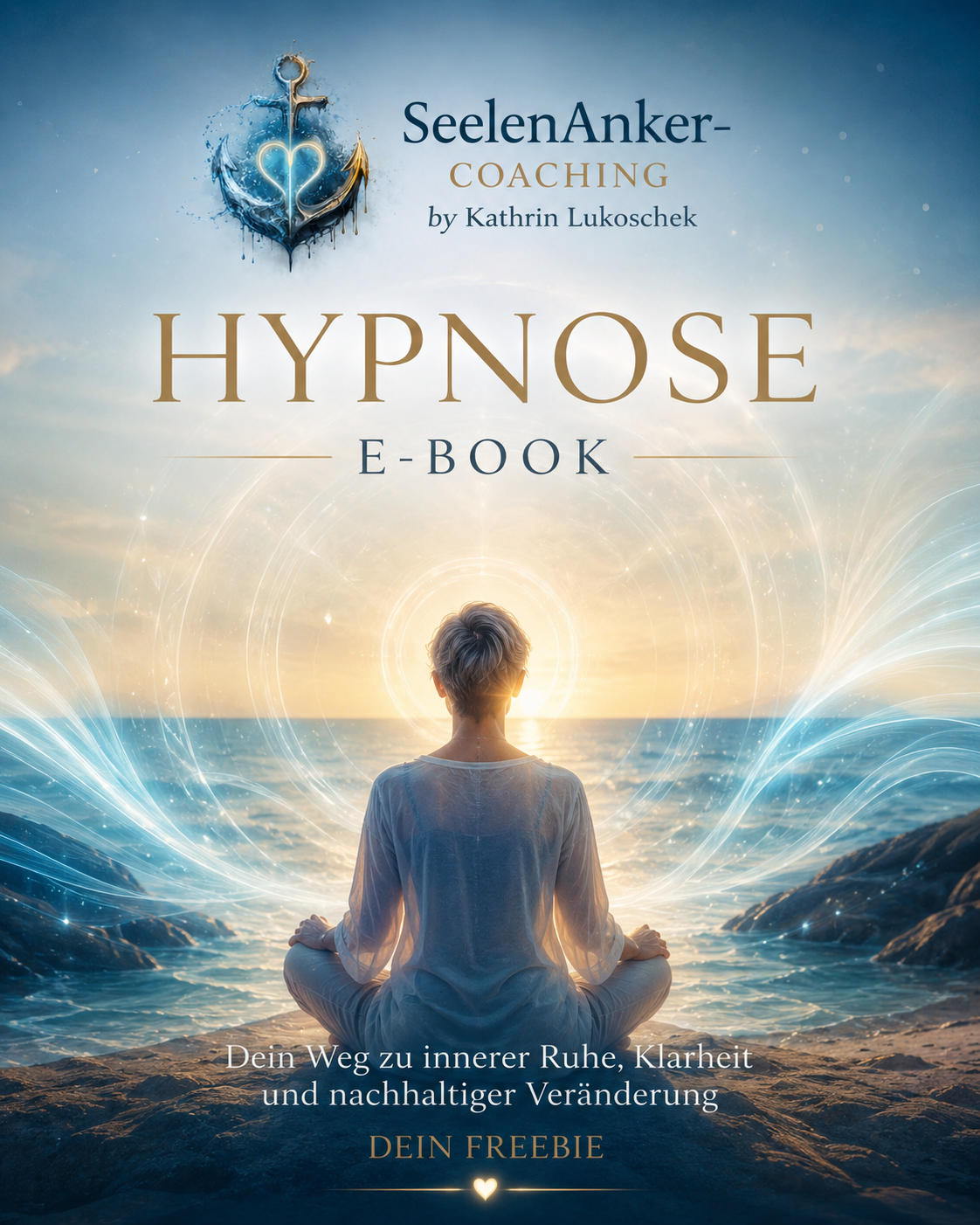 Hypnose-E-Book von SeelenAnker-Coaching für mehr innere Ruhe, Klarheit und nachhaltige Veränderung. Cover mit meditierender Person am Meer bei Sonnenaufgang