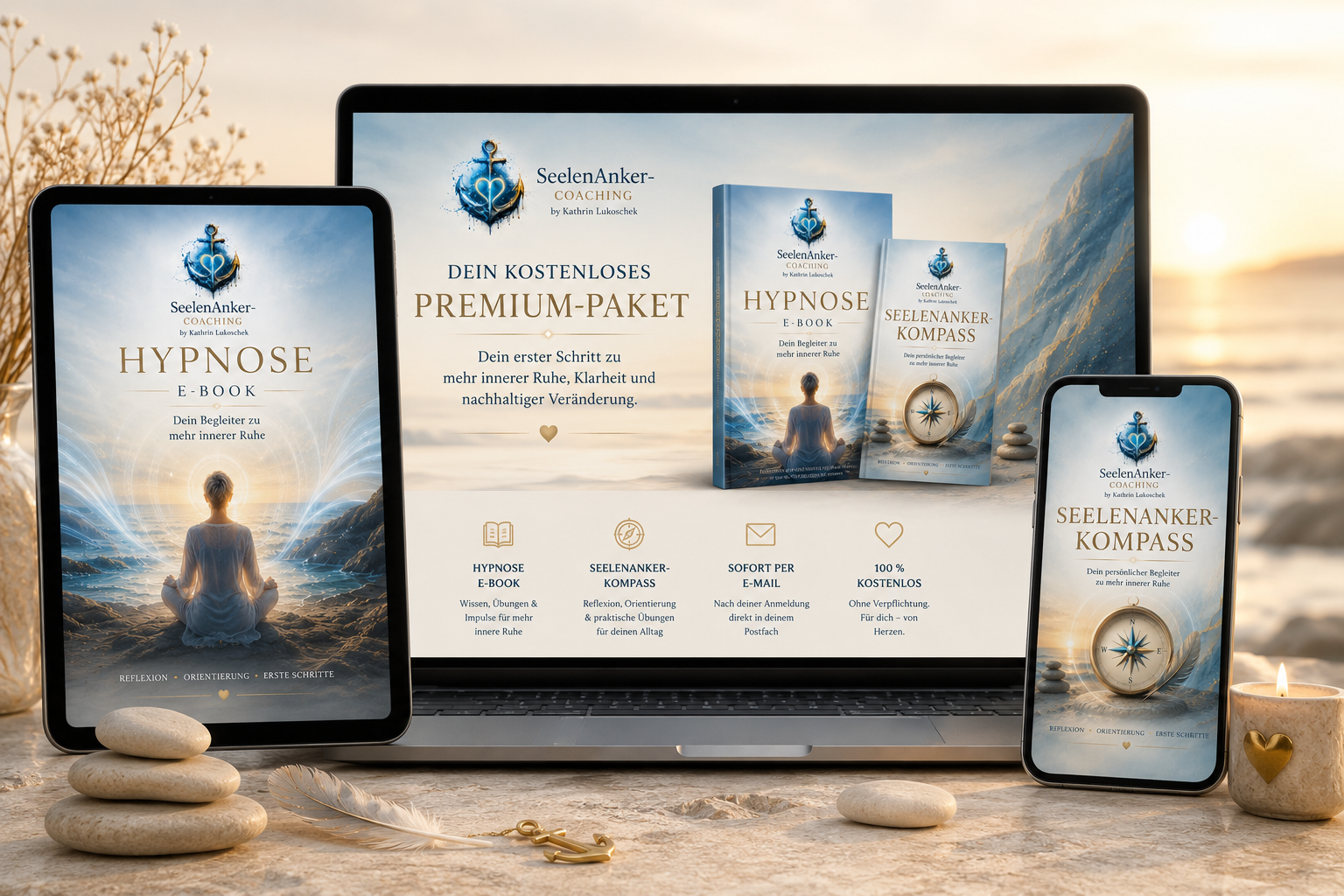 SeelenAnker-Coaching Premium-Paket mit Hypnose-E-Book und SeelenAnker-Kompass – jederzeit auf Laptop, Tablet und Smartphone verfügbar und direkt nach der Anmeldung per E-Mail erhältlich