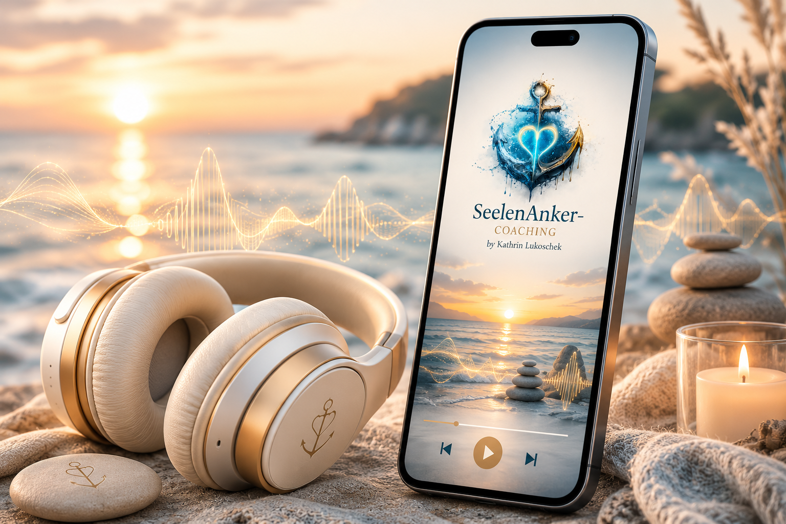 Kostenlose Audioreise zur Entspannung – Smartphone mit Meditation von SeelenAnker-Coaching, Kopfhörer und beruhigende Klangwellen für innere Ruhe, Stressabbau und Achtsamkeit