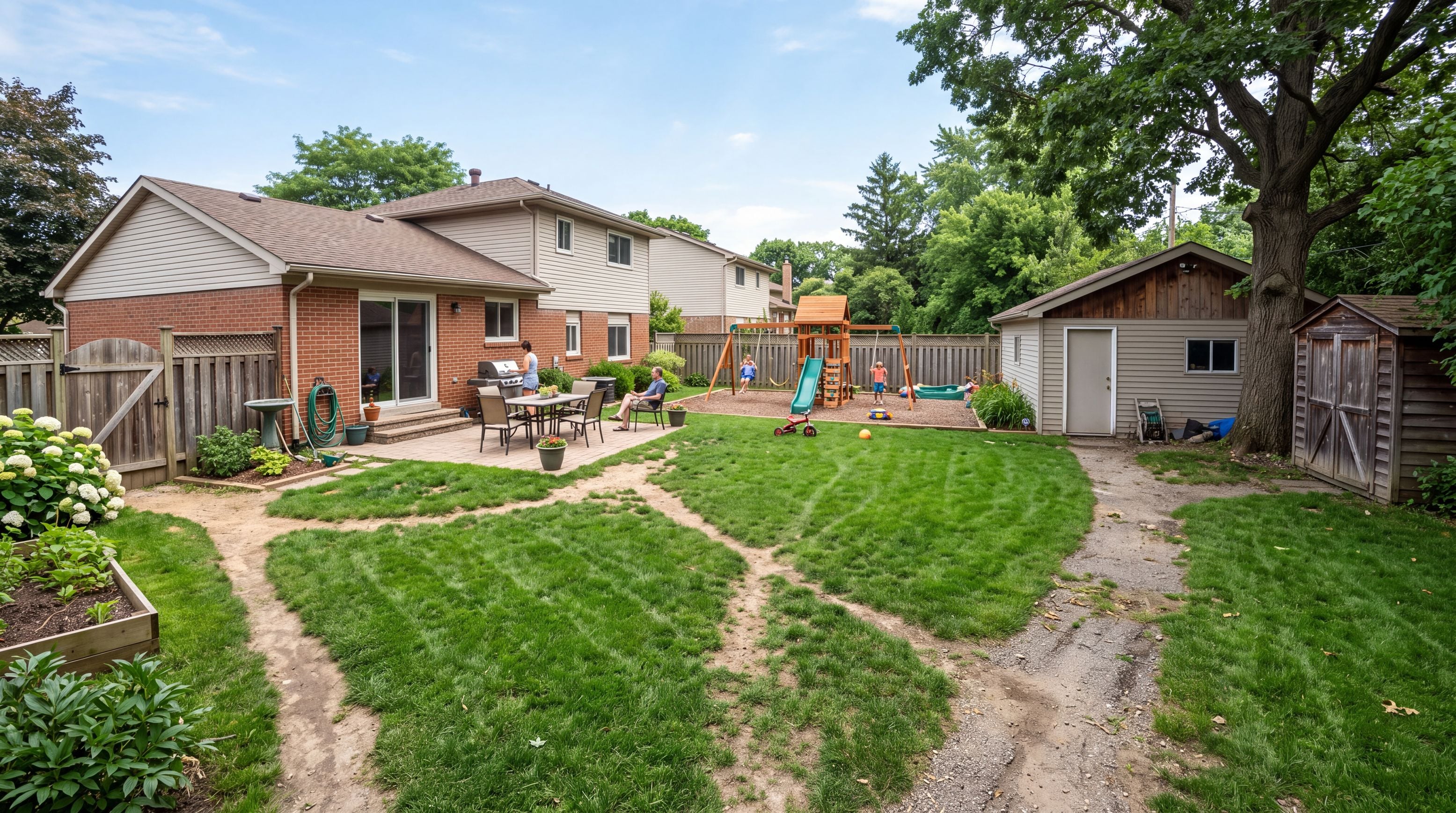 Backyard showing a worn walking route through grass between a patio and gate,