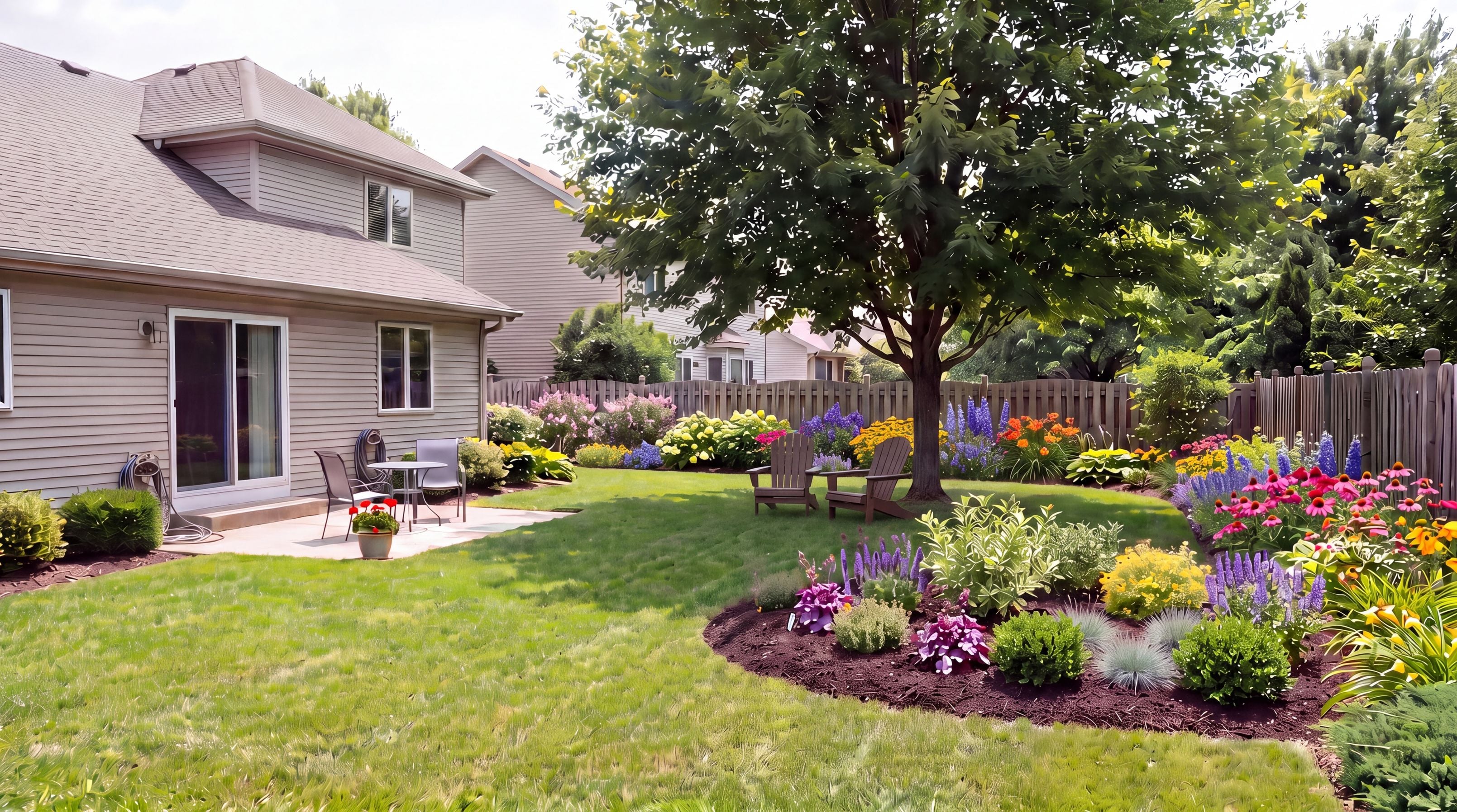 Suburban backyard seating area with two chairs beneath a tree surrounded by simple planting beds and lawn.