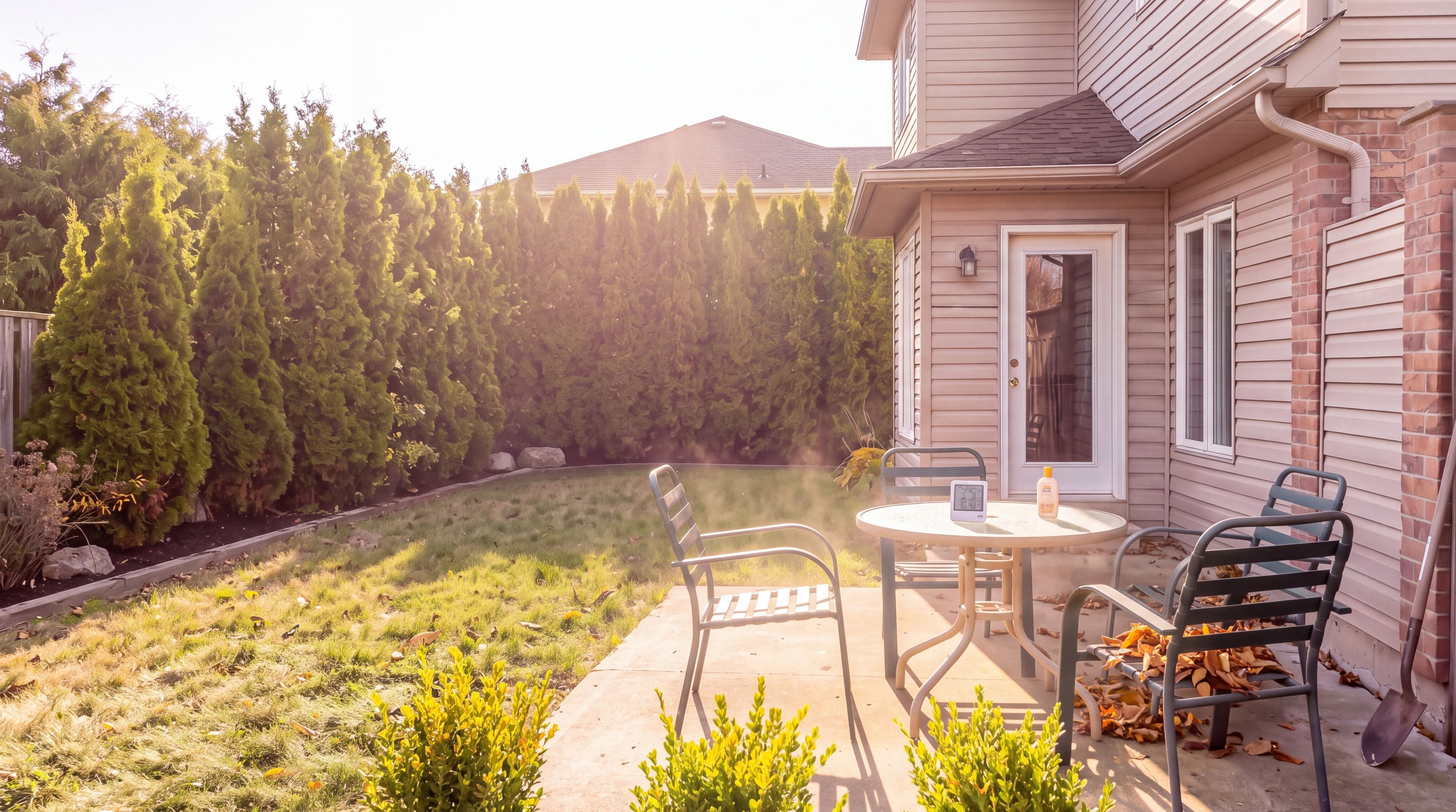 Backyard patio screened by plants but exposed to strong afternoon sun
