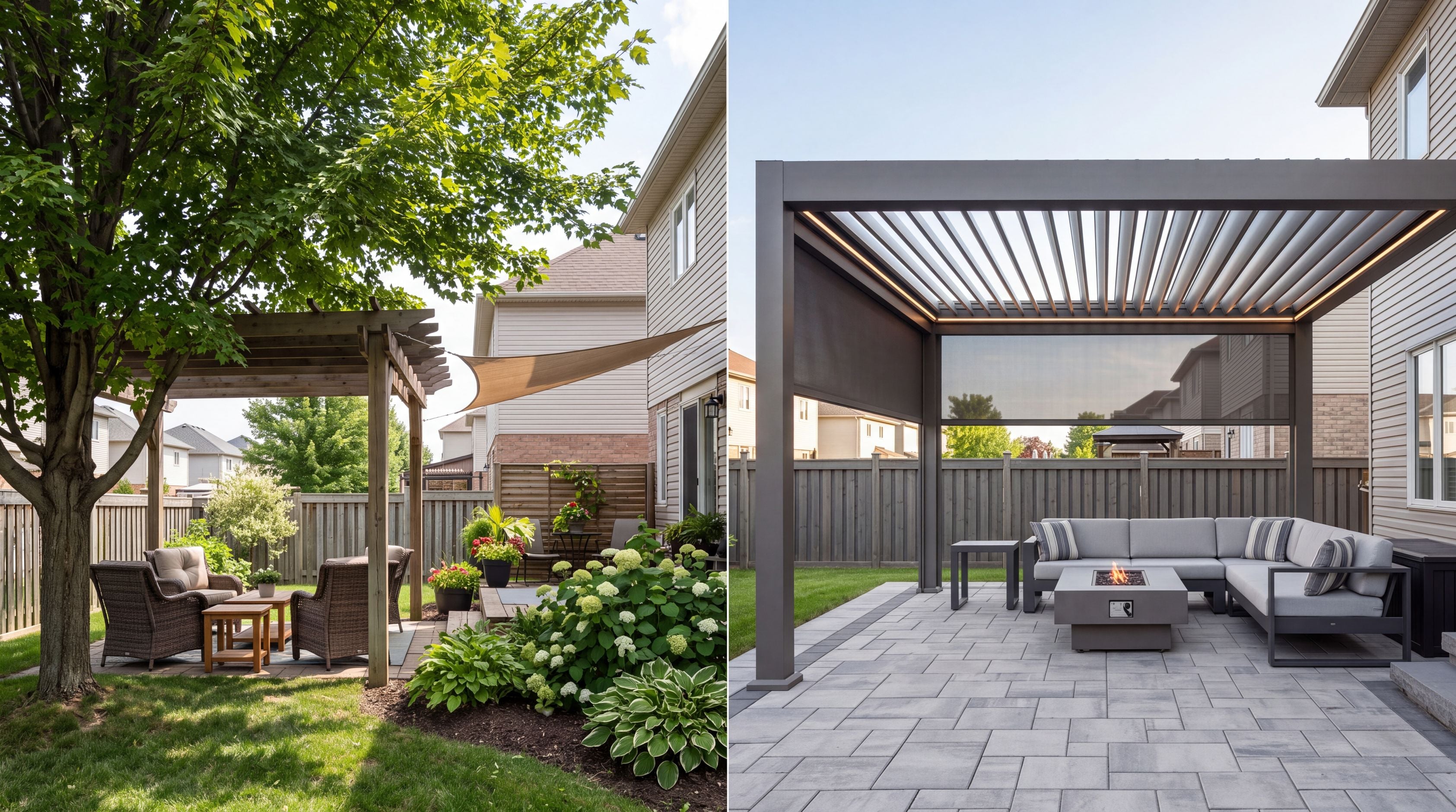 Modern motorized pergola beside a simpler backyard shade structure integrated with plants and trees.