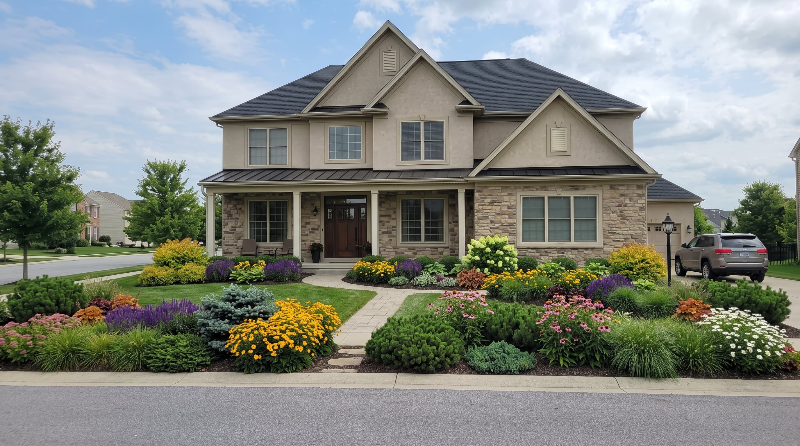 Front yard showing a tall house with only low plants