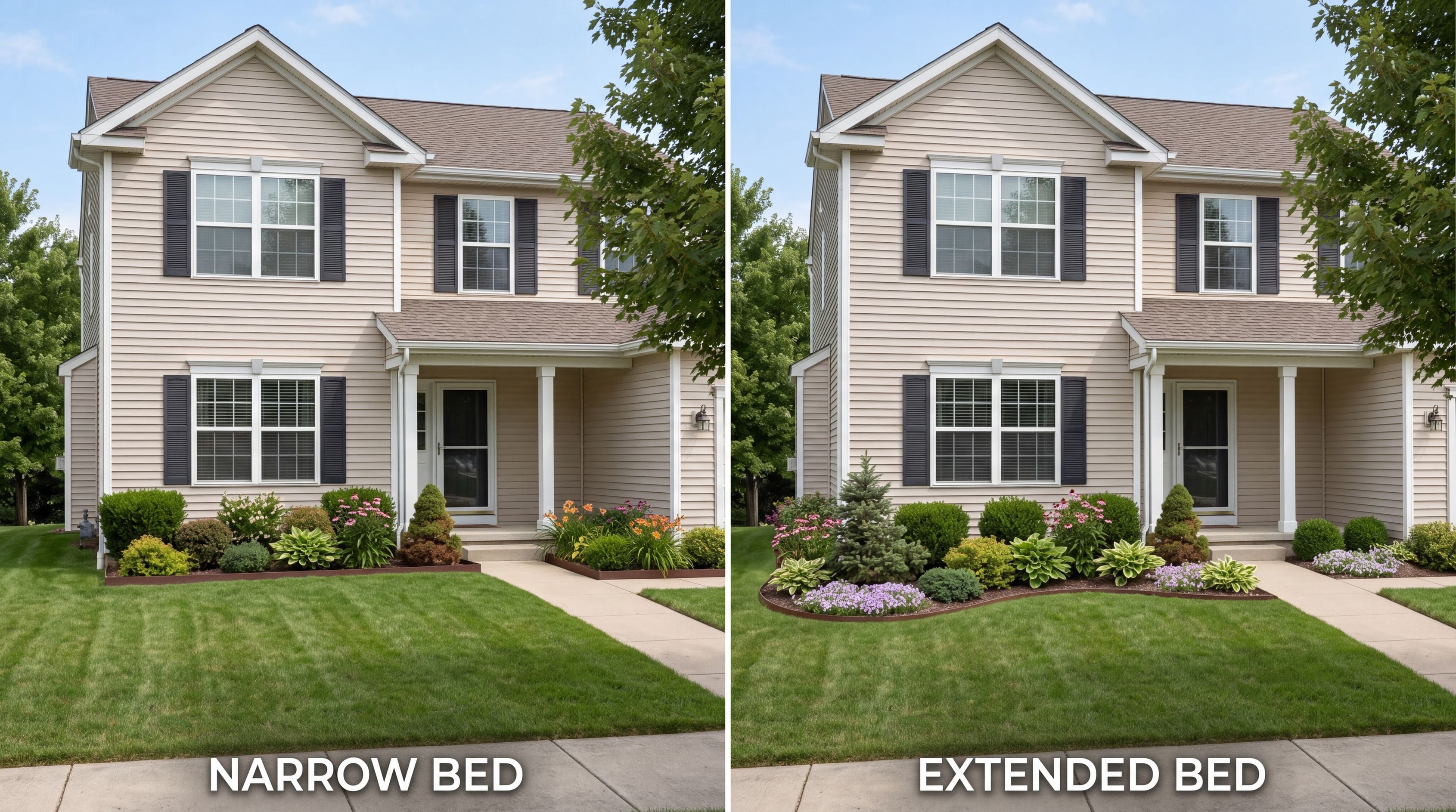 Side-by-side front yard comparison showing a narrow foundation planting bed and a wider layered planting bed in front of the same two-story house.