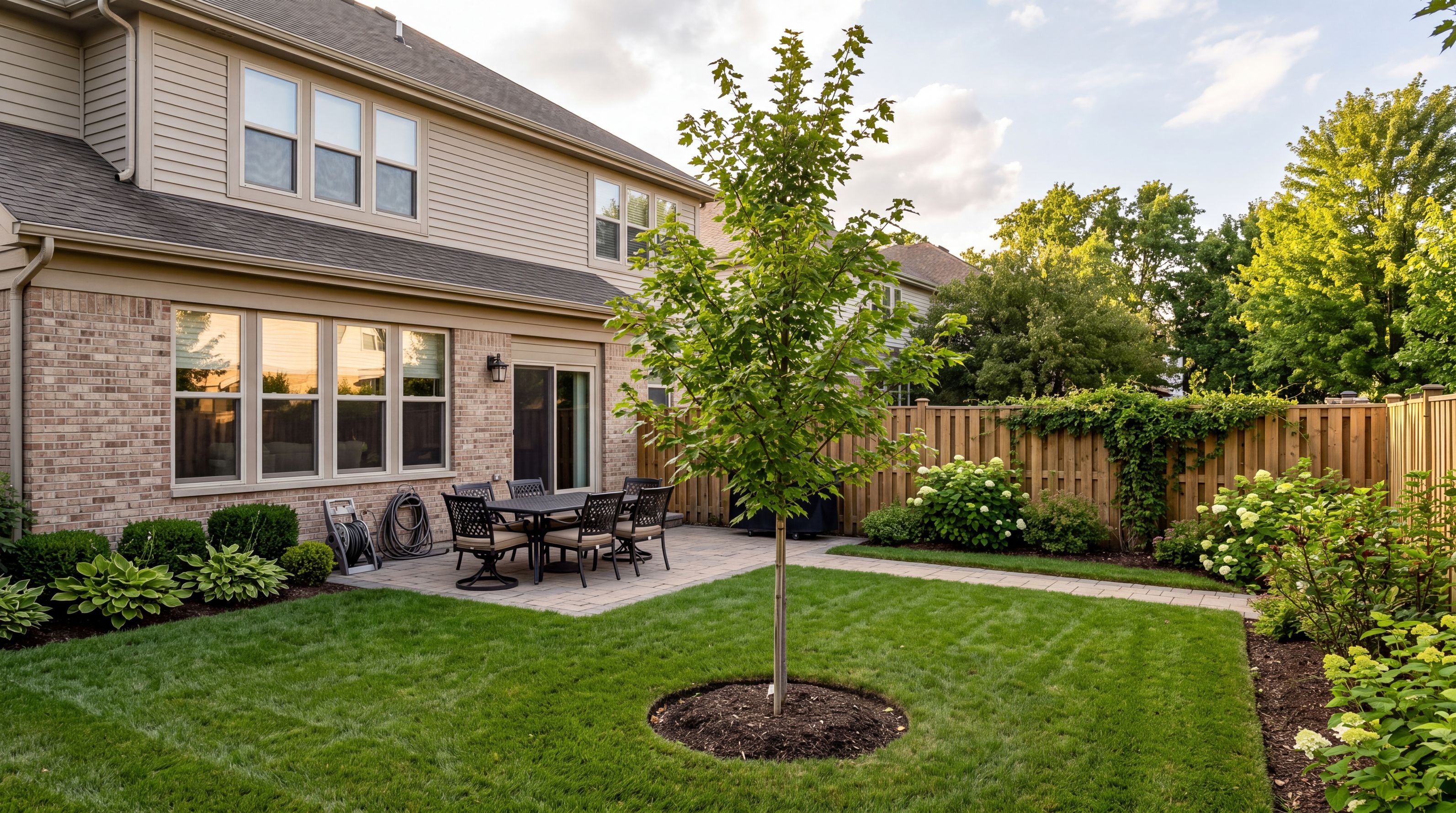 A newly planted young tree that will grow in a mature shade canopy