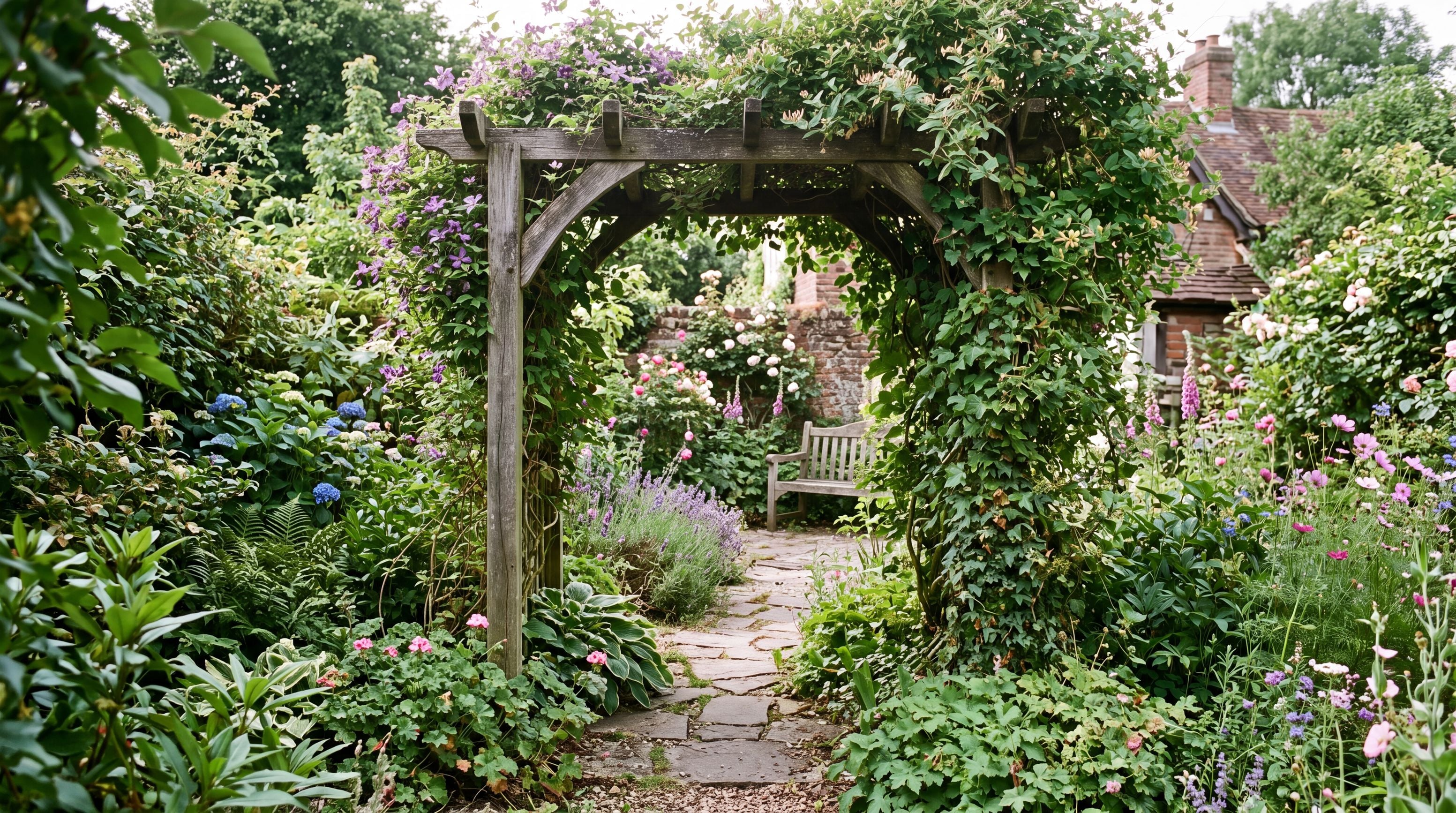 Simple wooden garden arbor covered with a mature climbing vine and surrounded by established plants.