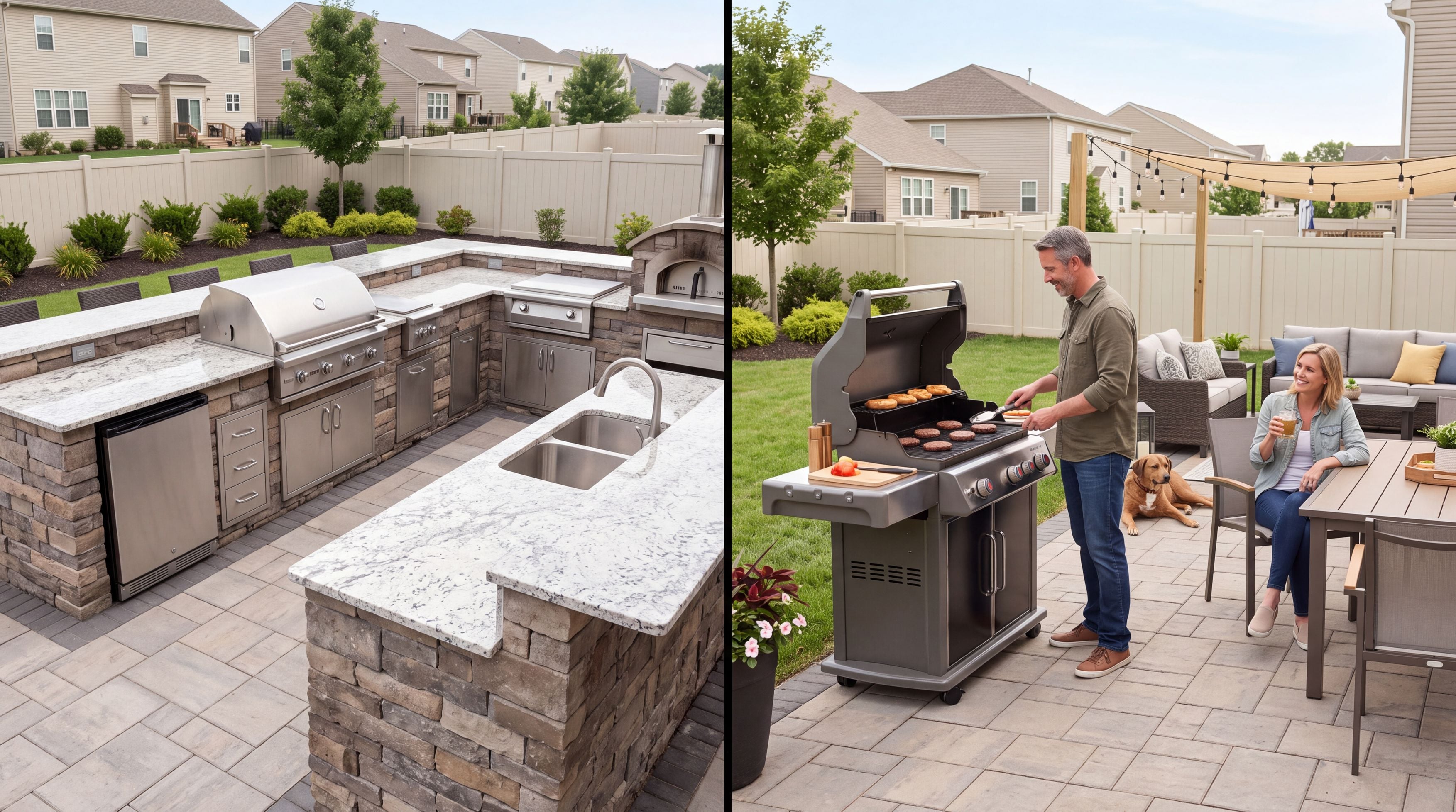 Comparison of a large built-in outdoor kitchen and a simpler backyard grill station with counter space