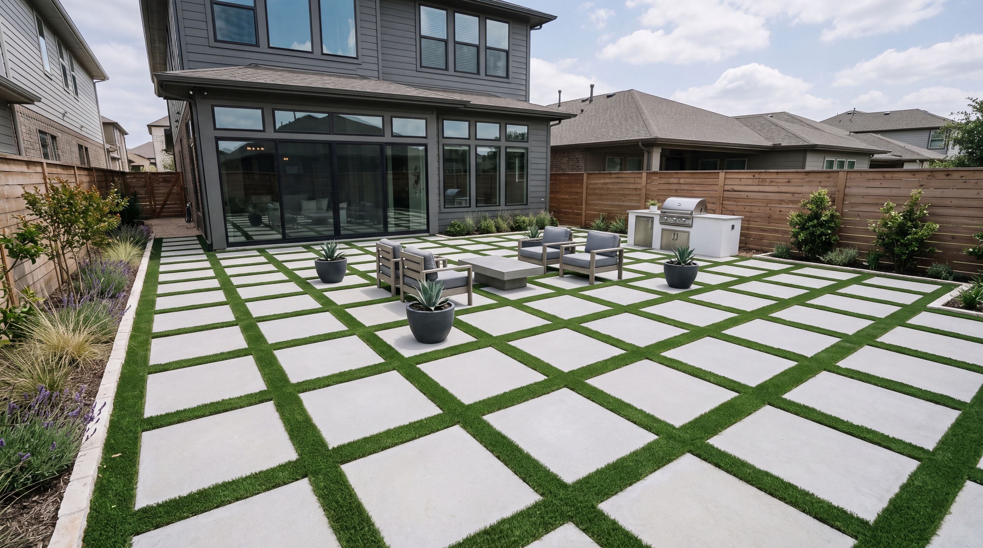 a backyard covered in a geometric paver grid