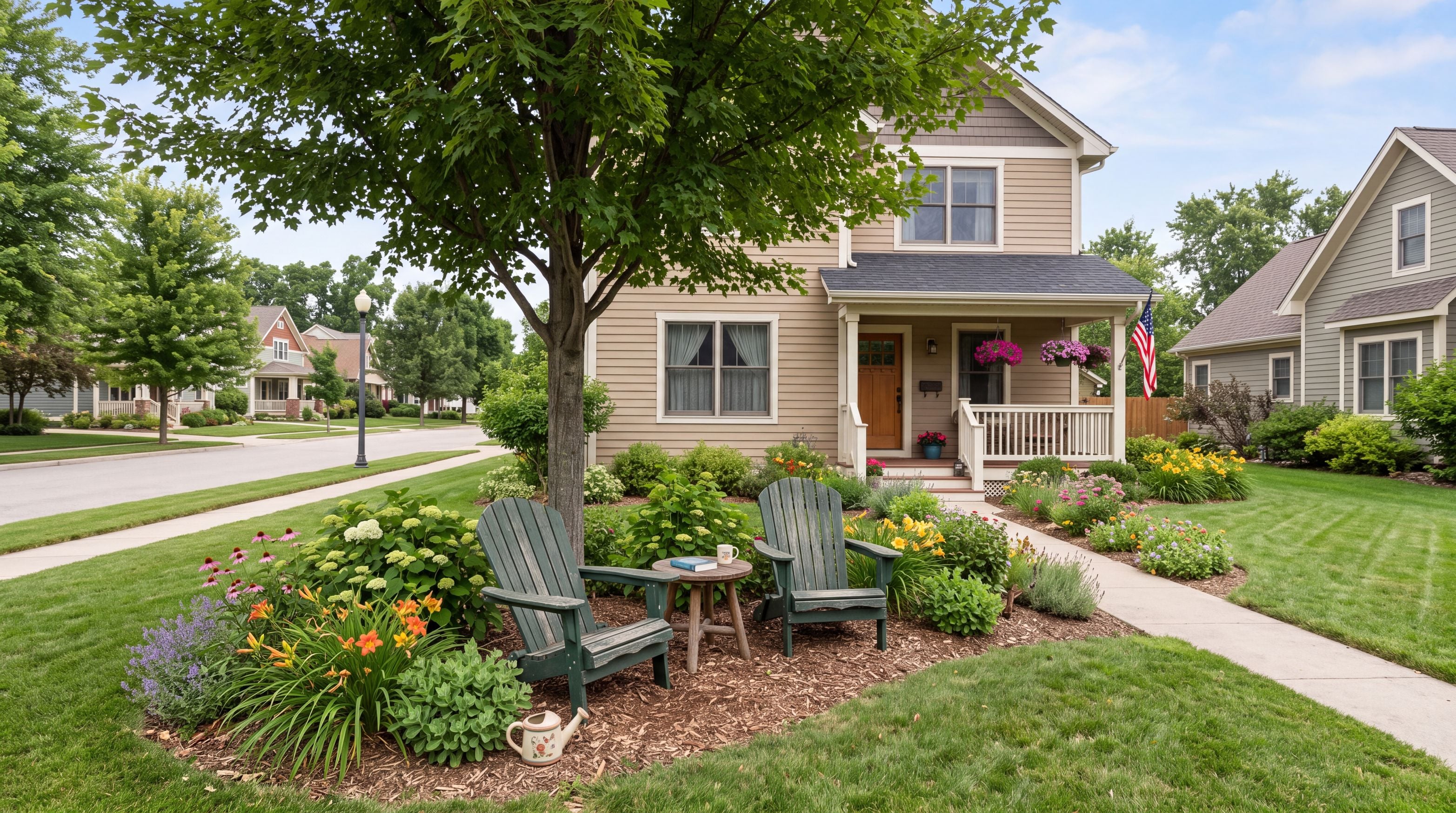 Suburban front yard with two outdoor chairs positioned beneath a mature shade tree near flowers and a walkway.