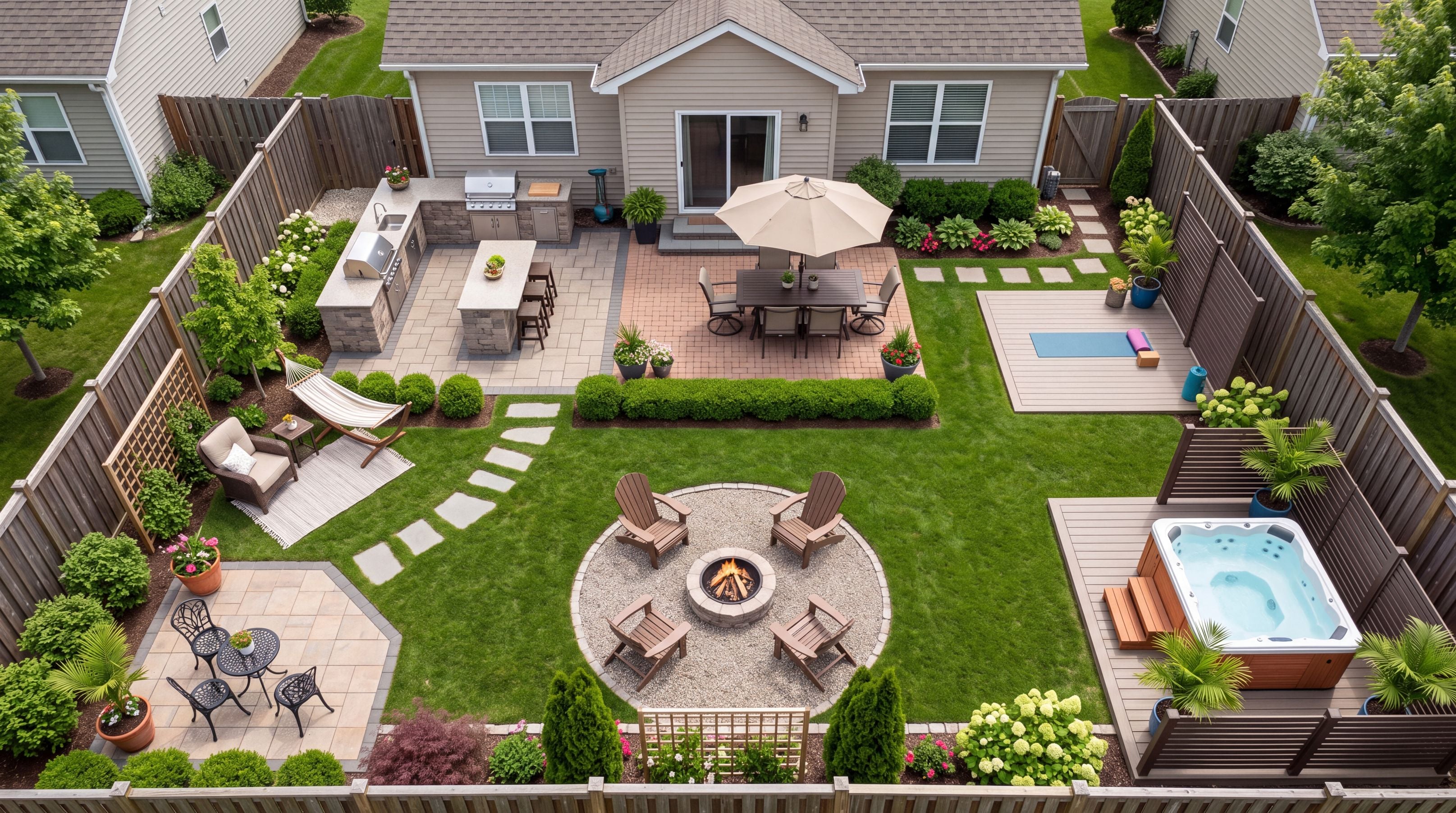 Backyard layout showing many small dedicated zones