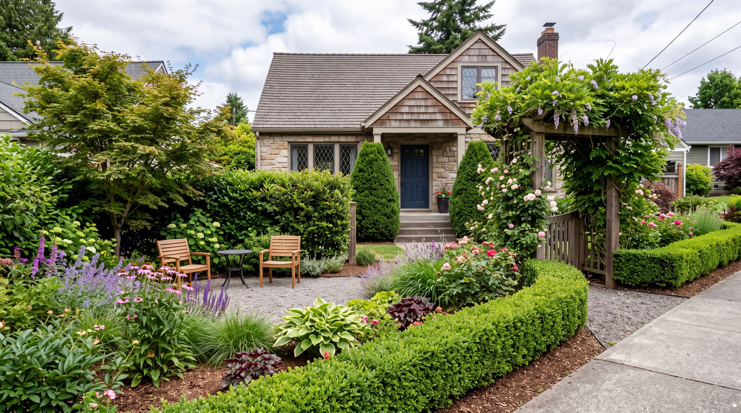 Residential landscape where shrubs and climbing plants create an edge, frame an entrance, and define an outdoor seating area.