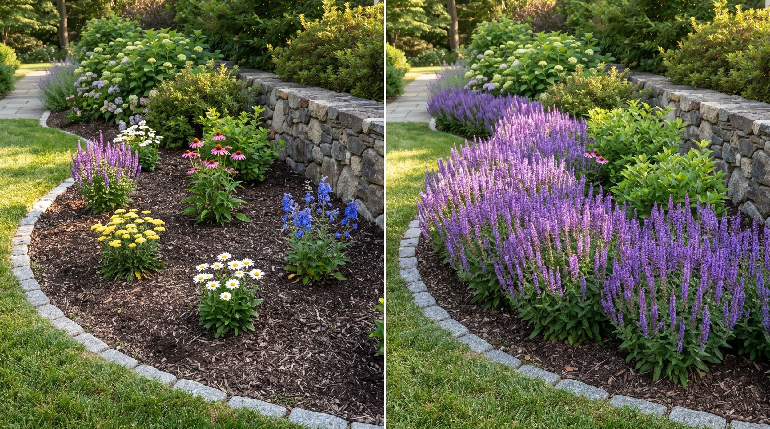 Comparison of a mixed garden with many single plant varieties and a cohesive planting bed using repeated shrubs and perennial groups.