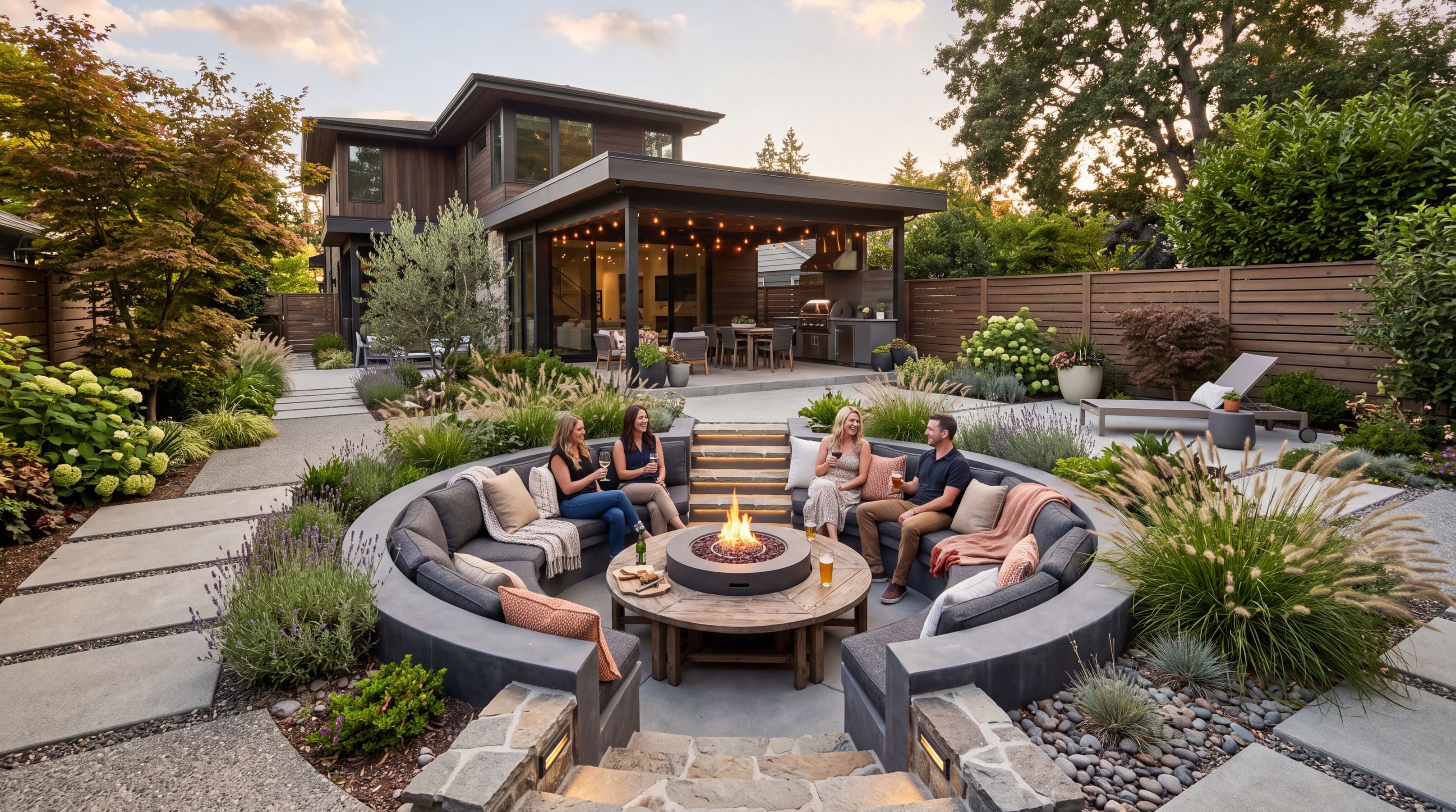 A suken conversation pit in an upscale backyard