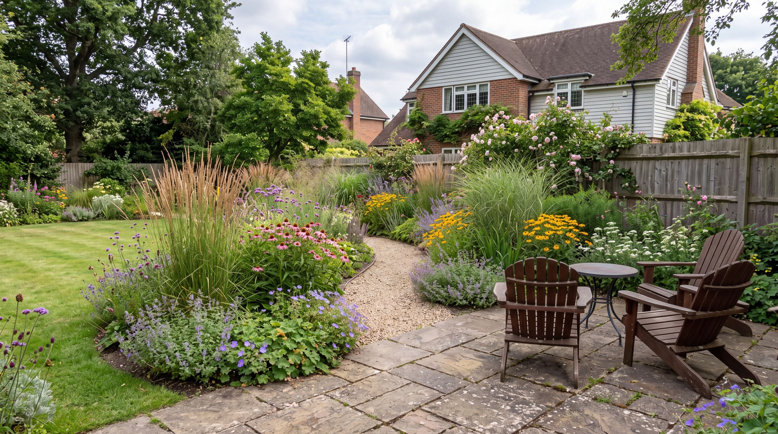 Naturalistic garden with loose perennial planting organized by a clear path, repeated plants, and defined planting-bed edges.