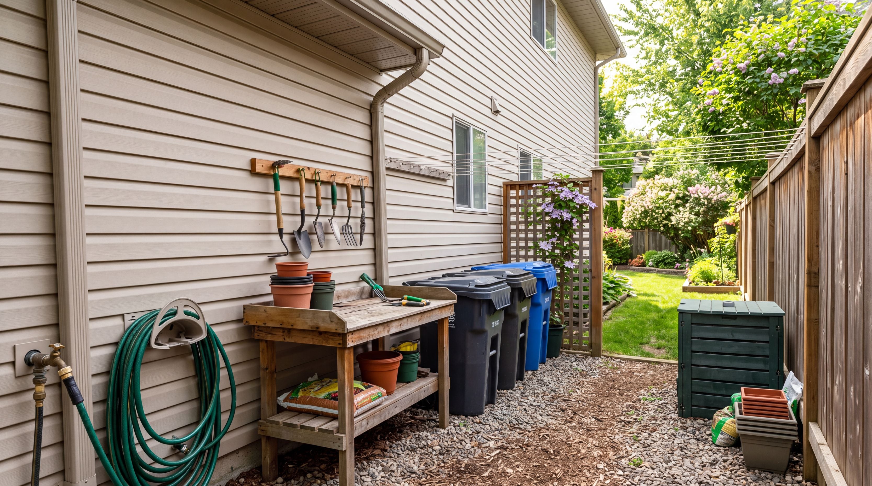 Organized suburban side yard with garden tools, potting bench, hose, bins, stacked pots, and compost area.