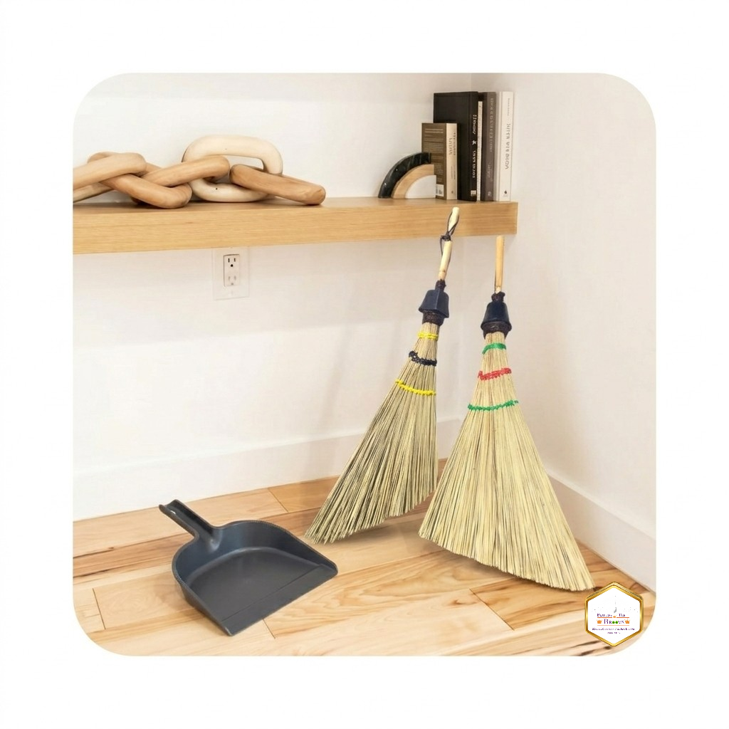A creative shot showing a triangle broom used as wall art decoration while hanging next to a modern pendant light fixture.