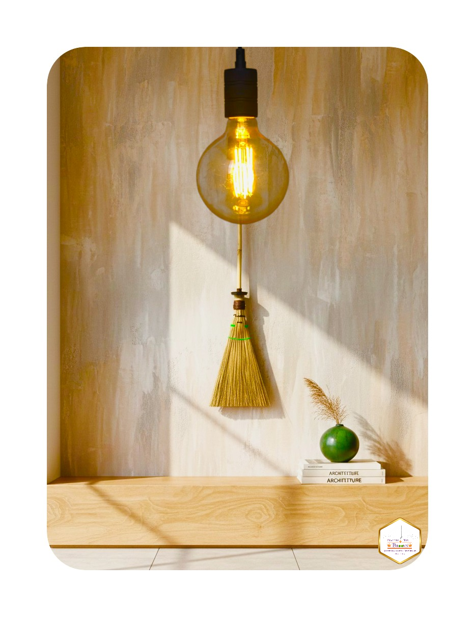 A creative shot showing a triangle broom used as wall art decoration while hanging next to a modern pendant light fixture.