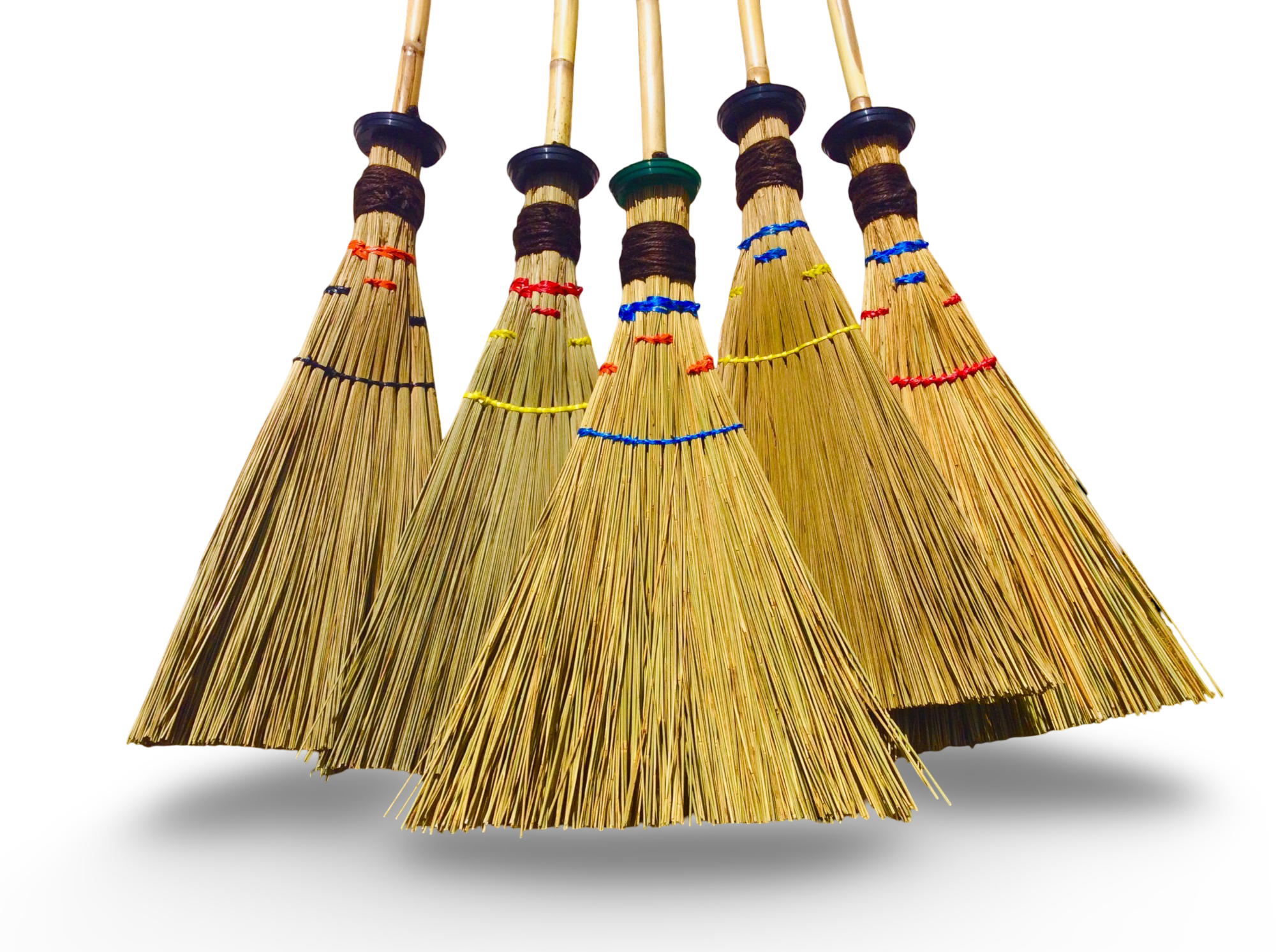 A professional lineup of five signature triangle brooms for various home uses.