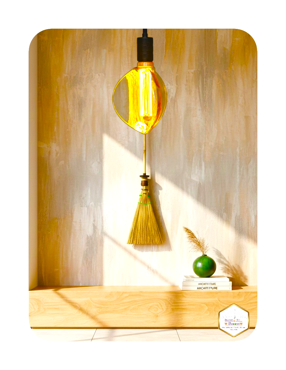 A handcrafted sorghum broom displayed as a Functional Work of Wall Art, hanging beneath a warm Edison bulb lamp in a modern minimalist interior.