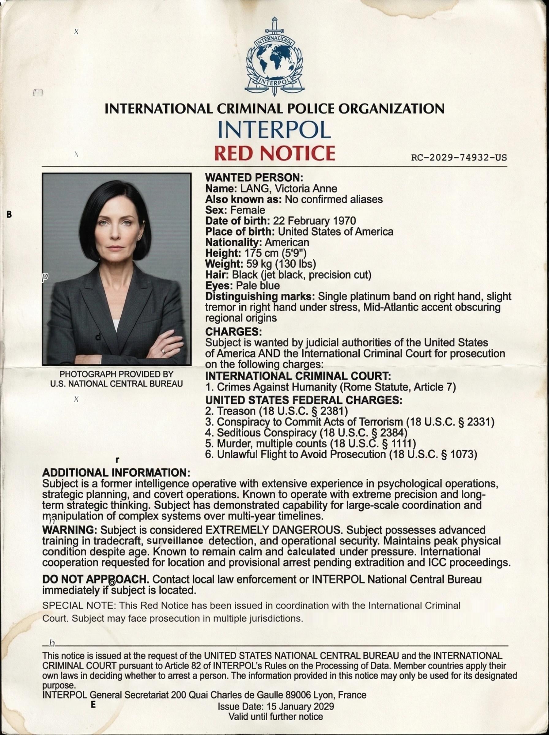 INTERPOL Red Notice — LANG, Victoria Anne — RC-2029-74932-US — Crimes Against Humanity