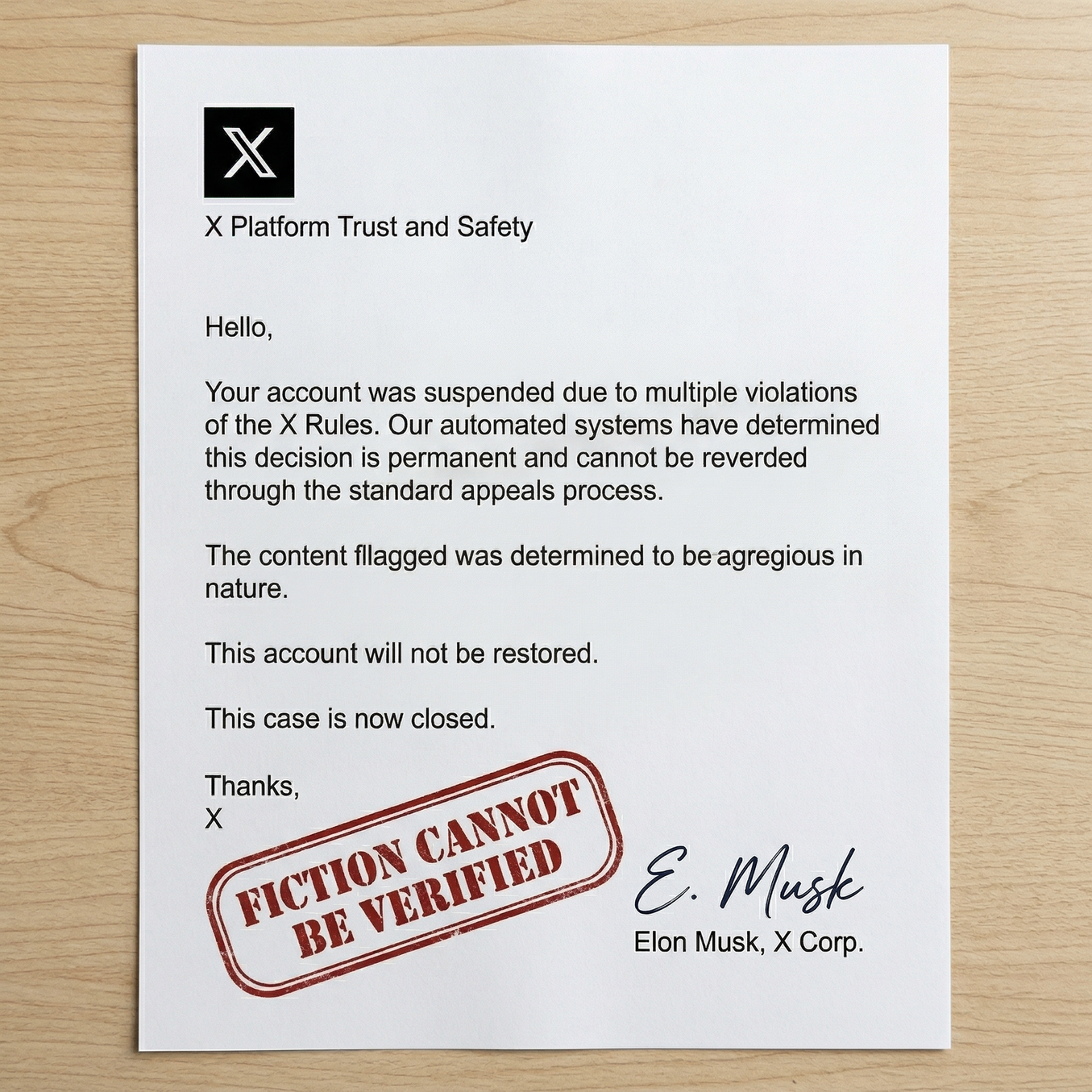 X suspension letter stamped FICTION CANNOT BE VERIFIED, signed E. Musk
