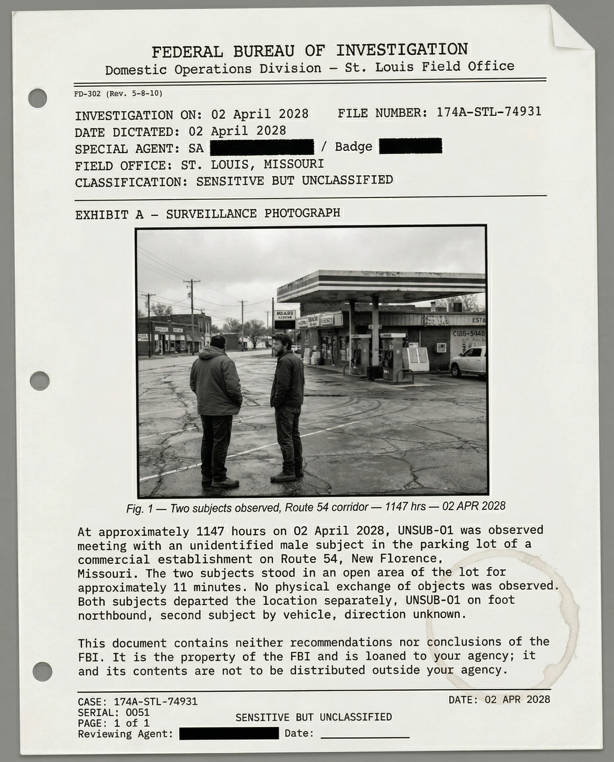 FBI FD-302 surveillance document. File 174A-STL-74931. St. Louis Field Office. Two subjects observed Route 54 corridor 1147 hours 02 April 2028.