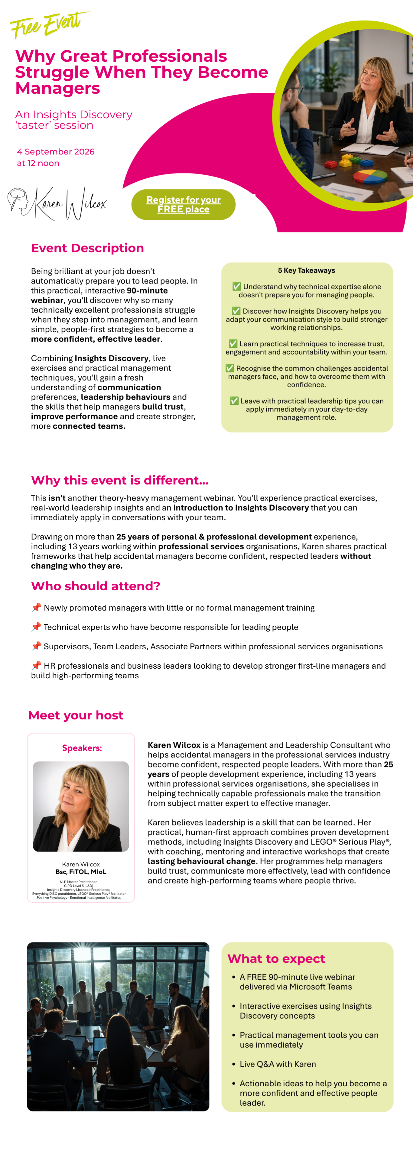 Event Registration page for Karen Wilcox's Insights Discovery Taster Session (Accidental Managers)