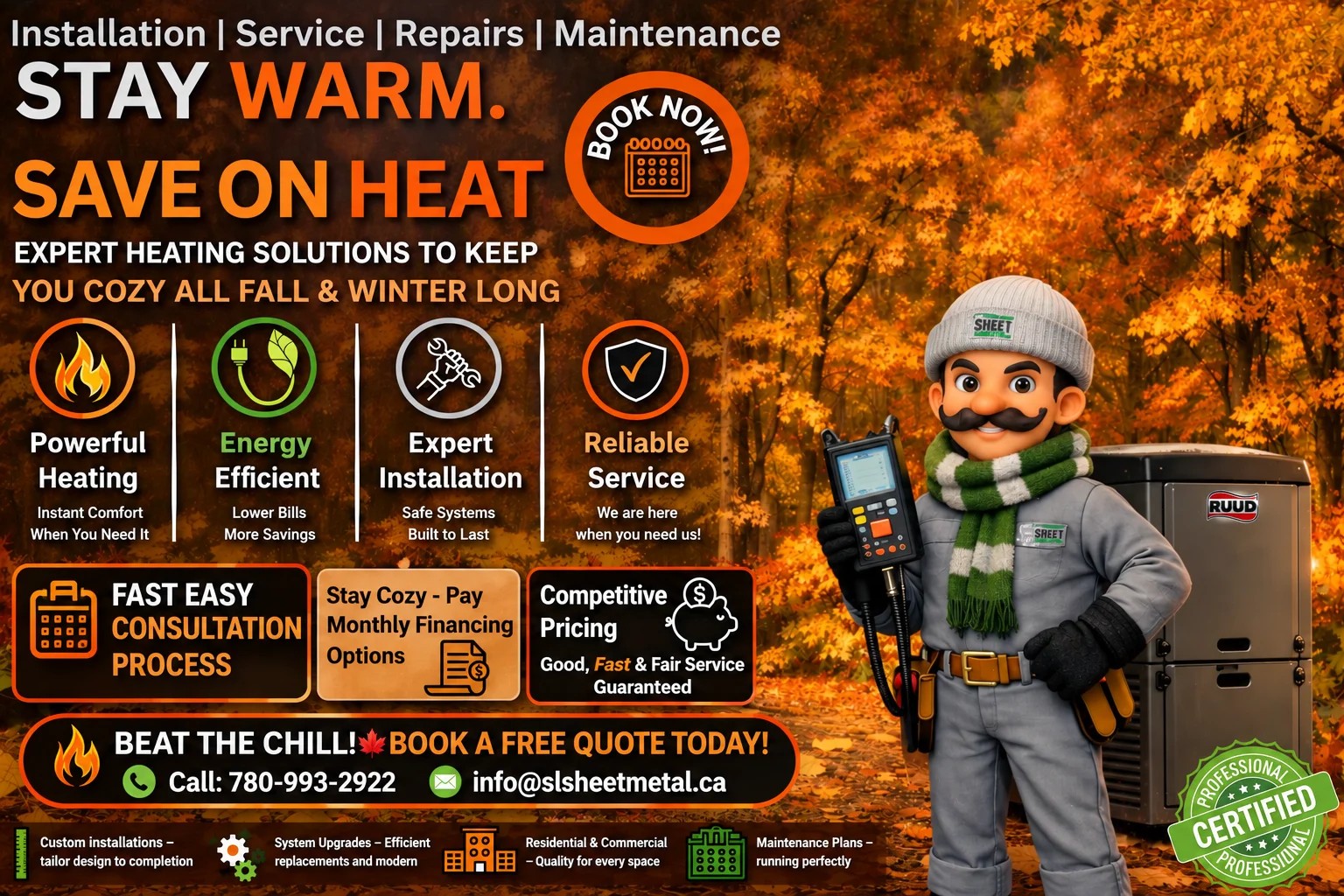 SL Sheet Metal Fall Heating Promotion Featuring Mascot and RUUD Furnace, Stay Warm and Save on Heat